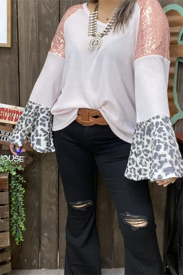 BQ13928 Leopard/ Coral sequin bell raglan long sleeve women light pink blouse (DS2)