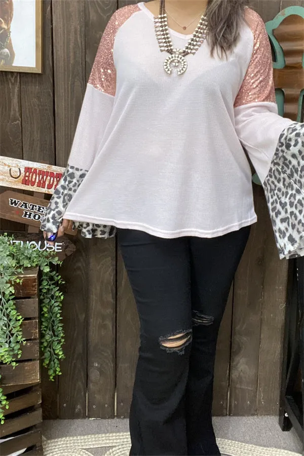 BQ13928 Leopard/ Coral sequin bell raglan long sleeve women light pink blouse (DS2)