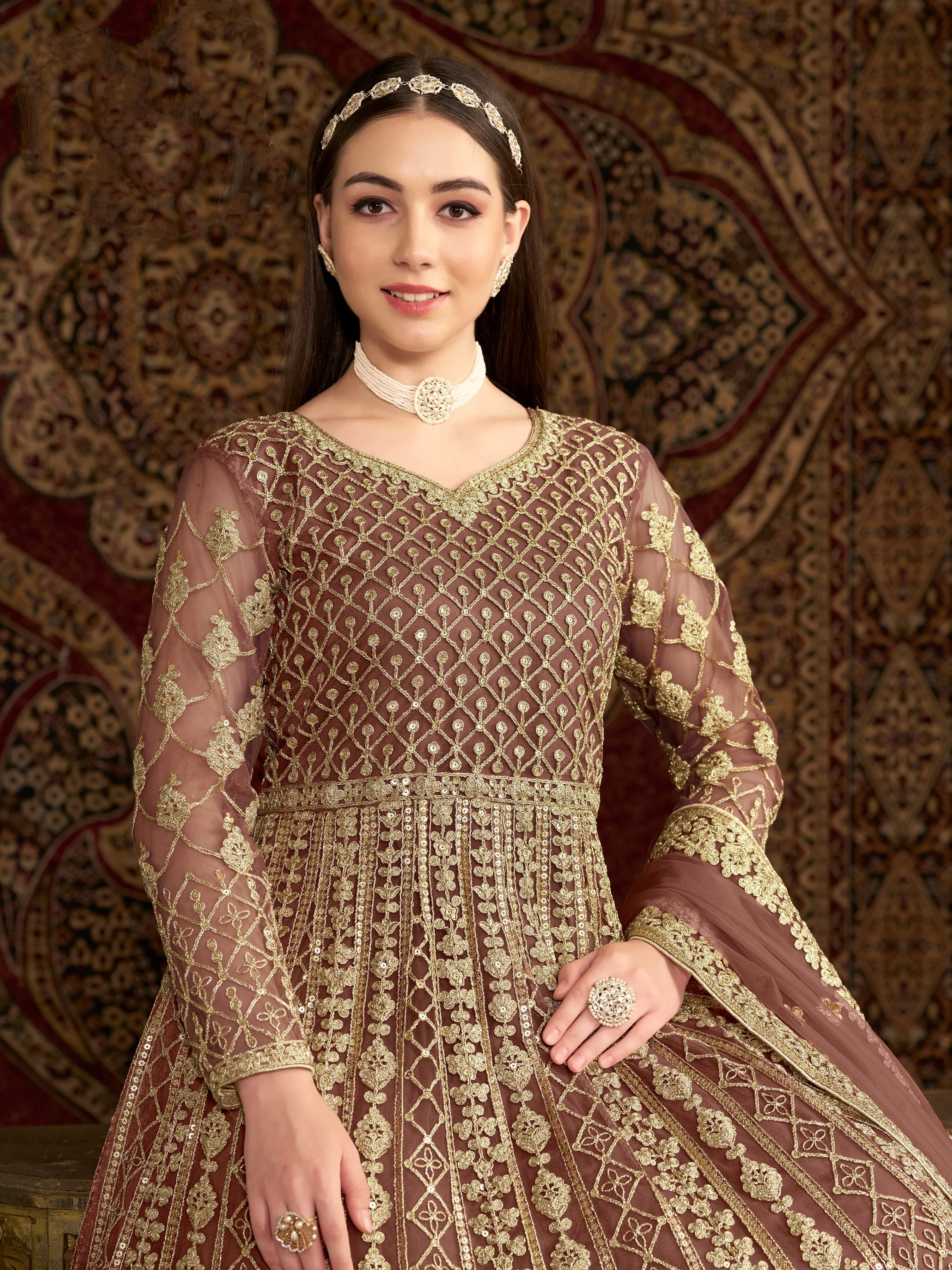Brown Colour Pure Soft Net Long Floor Length Embroidered Work Readymade Gown