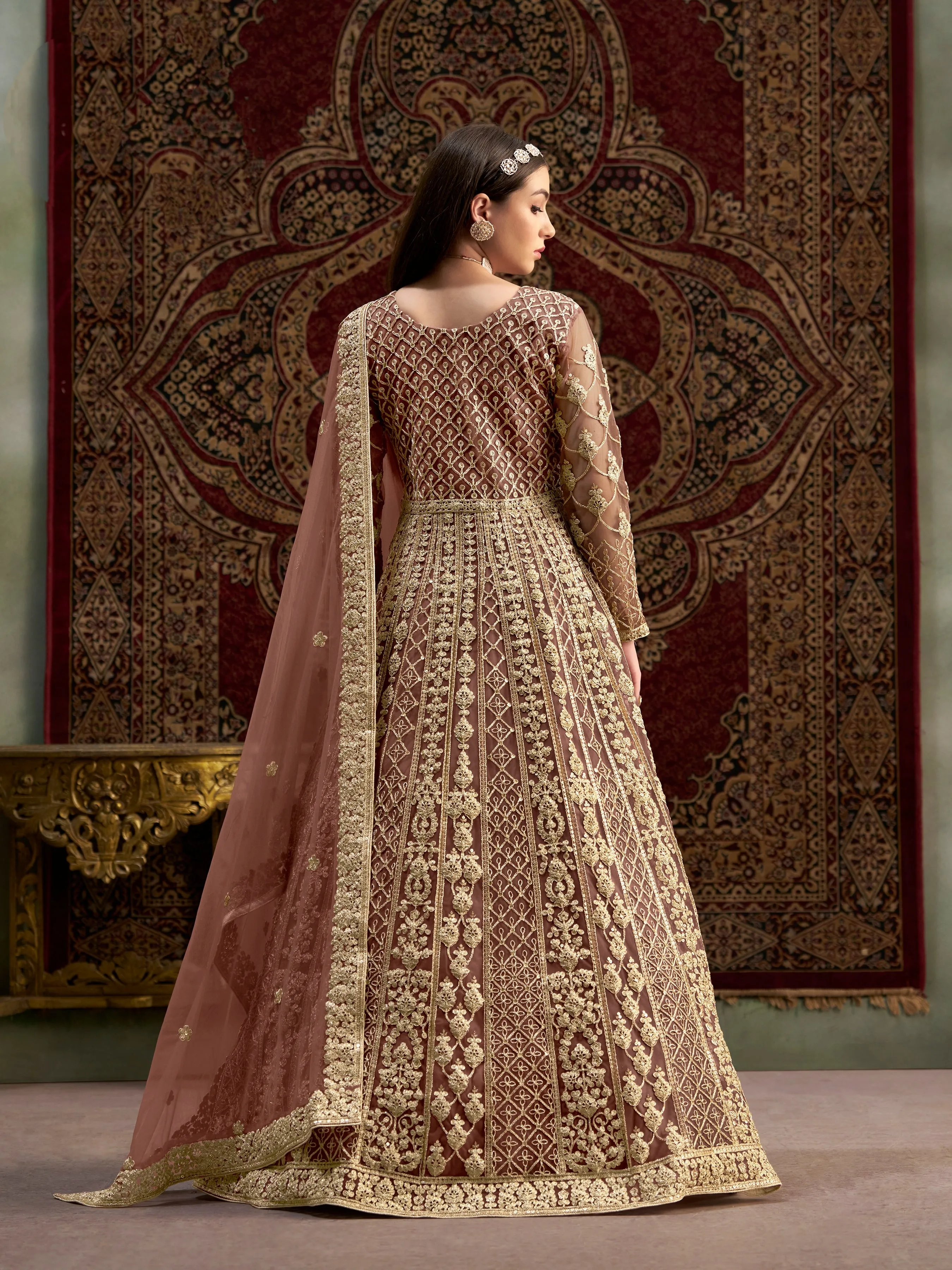 Brown Pure Soft Net Long Floor Length Embroidered Work Readymade Gown