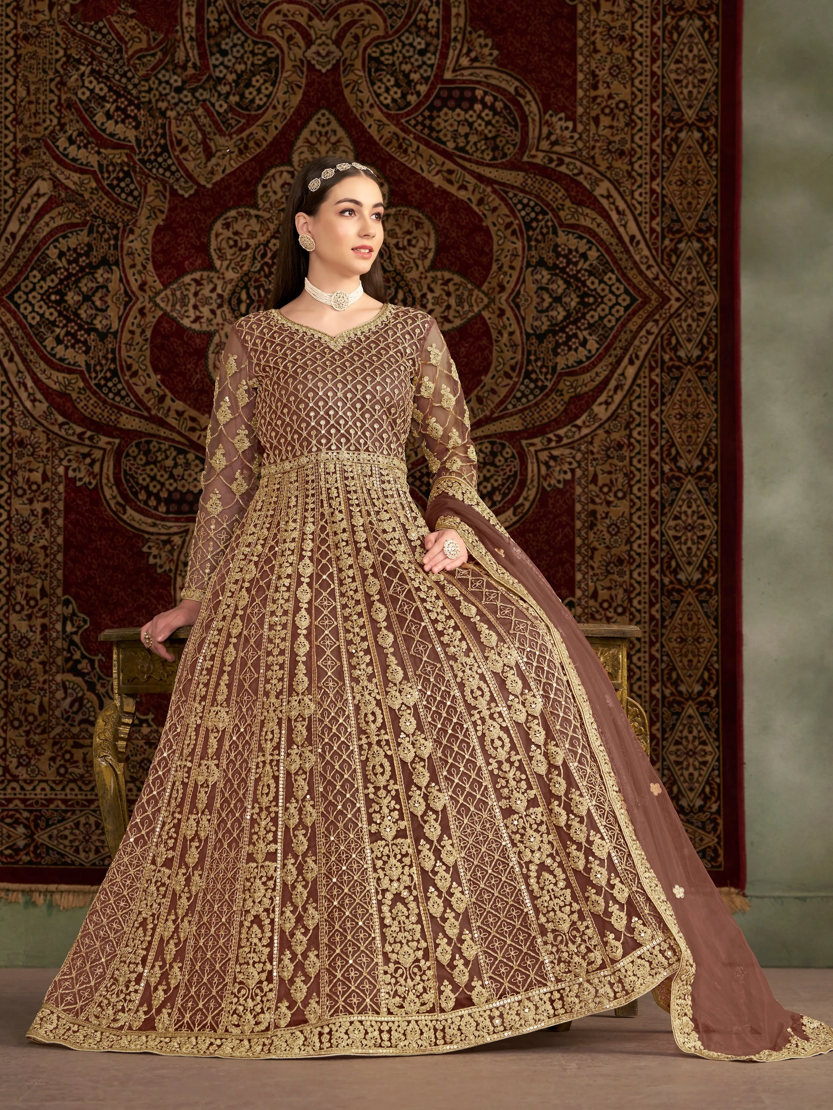 Brown Pure Soft Net Long Floor Length Embroidered Work Readymade Gown