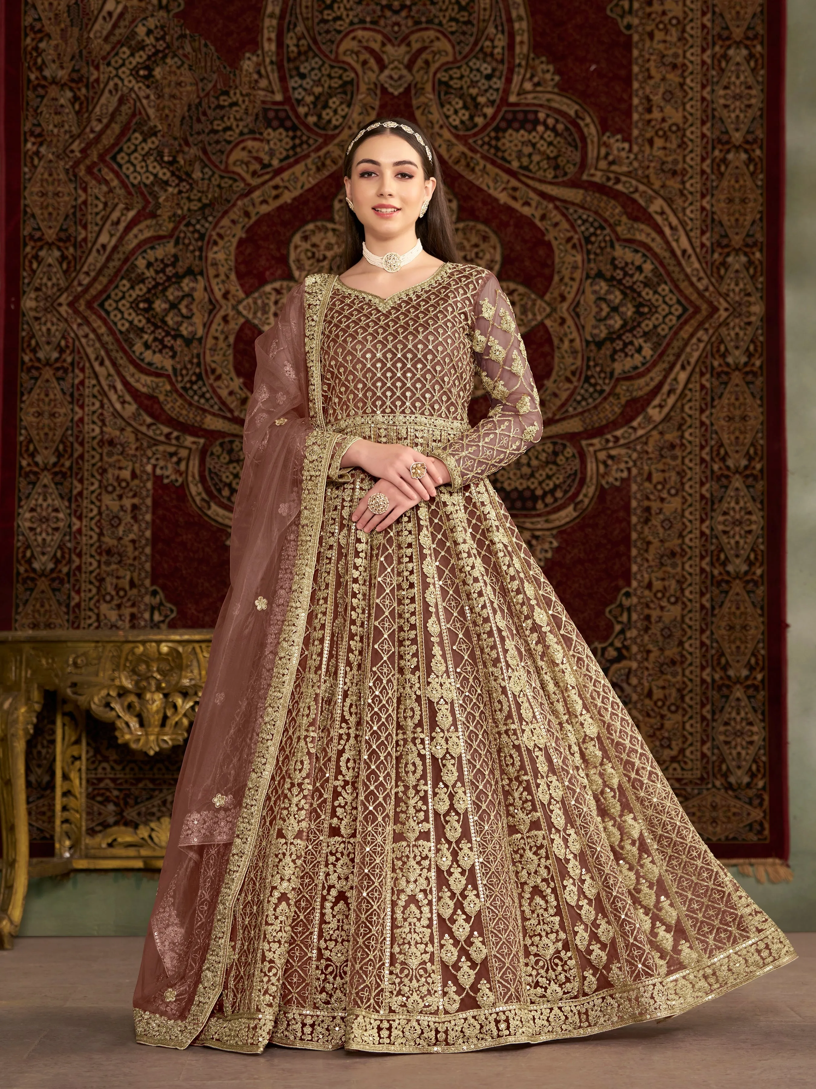 Brown Pure Soft Net Long Floor Length Embroidered Work Readymade Gown
