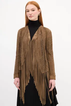 Brown Suede Woven Fringe Jacket