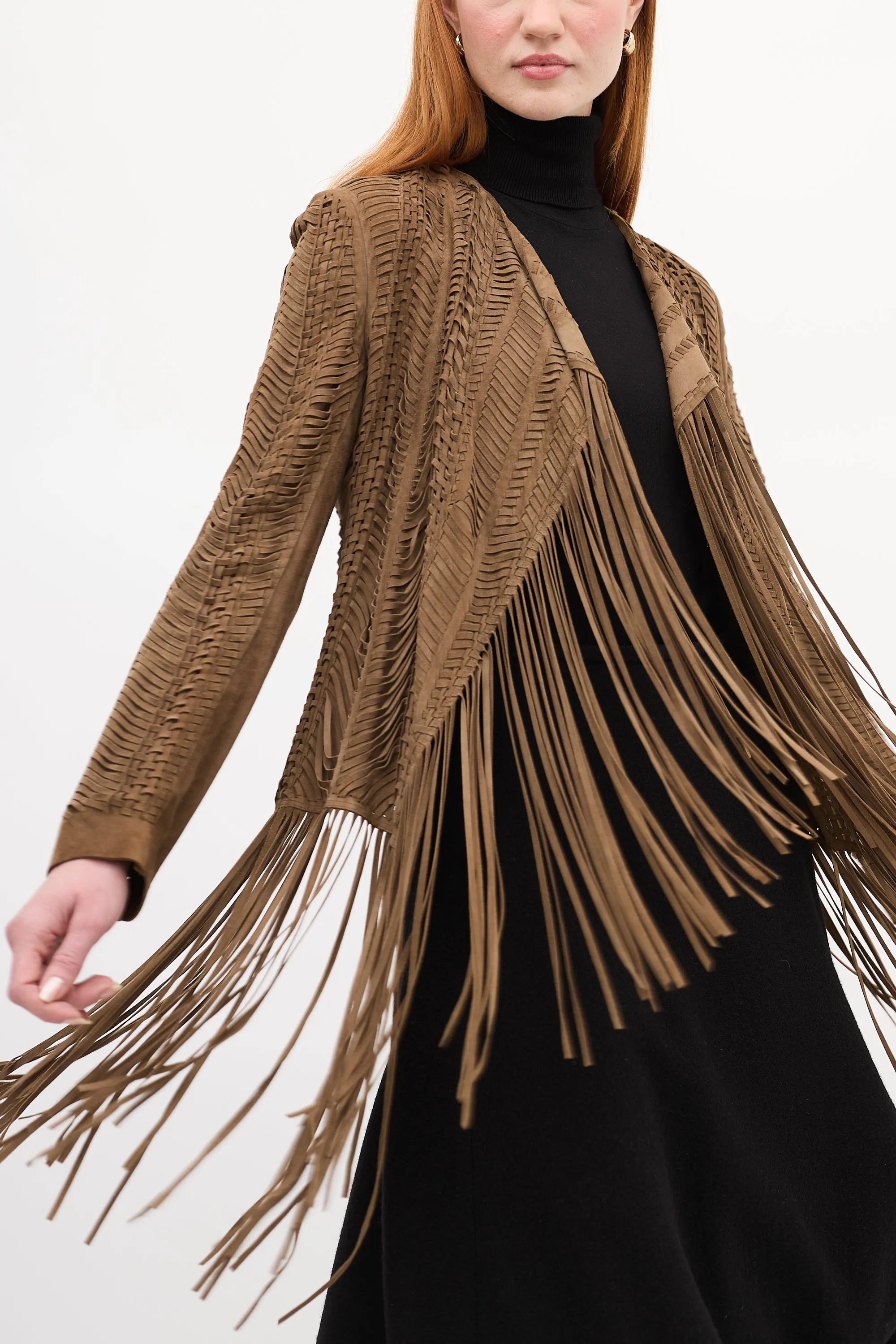 Brown Suede Woven Fringe Jacket