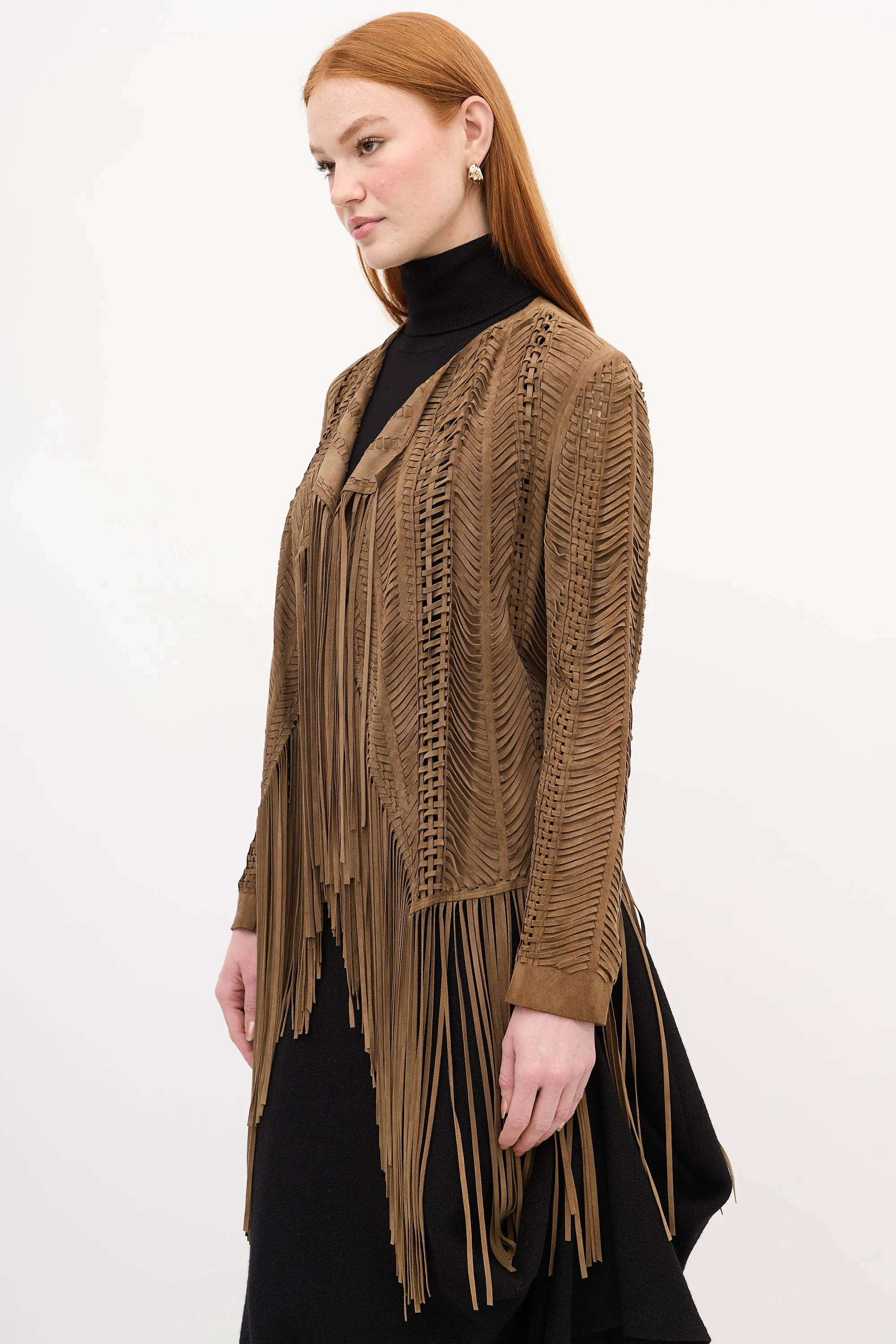 Brown Suede Woven Fringe Jacket