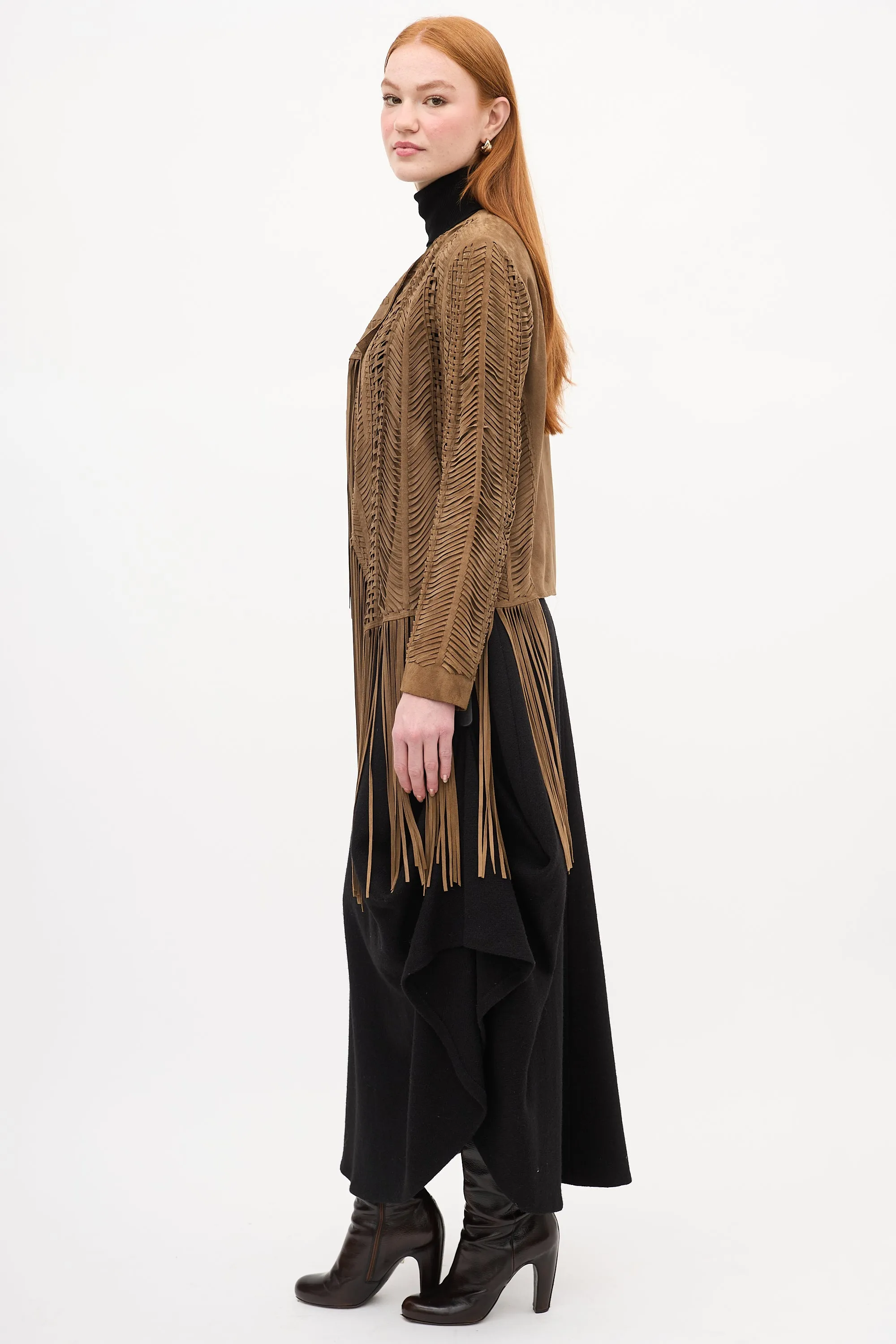 Brown Suede Woven Fringe Jacket