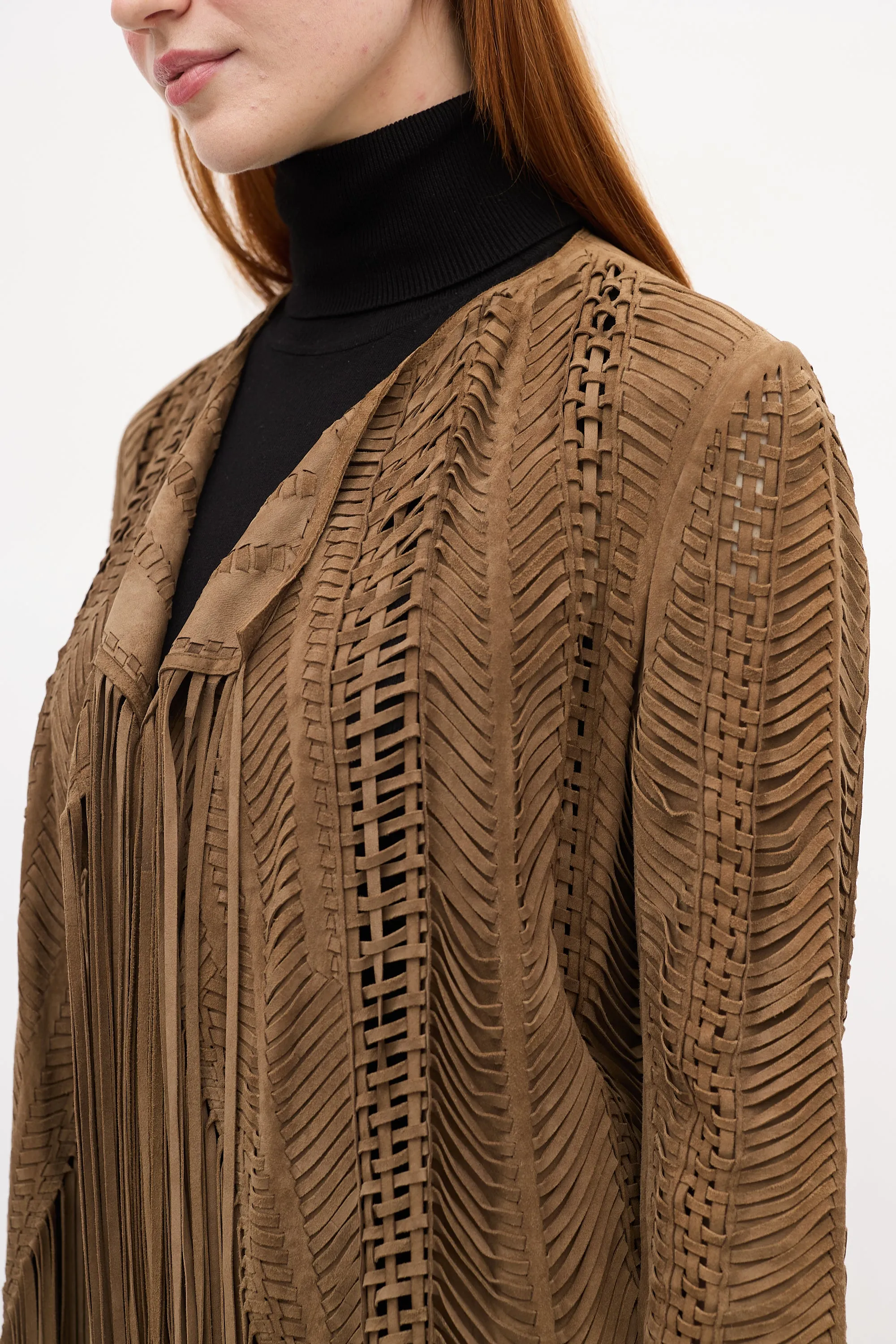 Brown Suede Woven Fringe Jacket