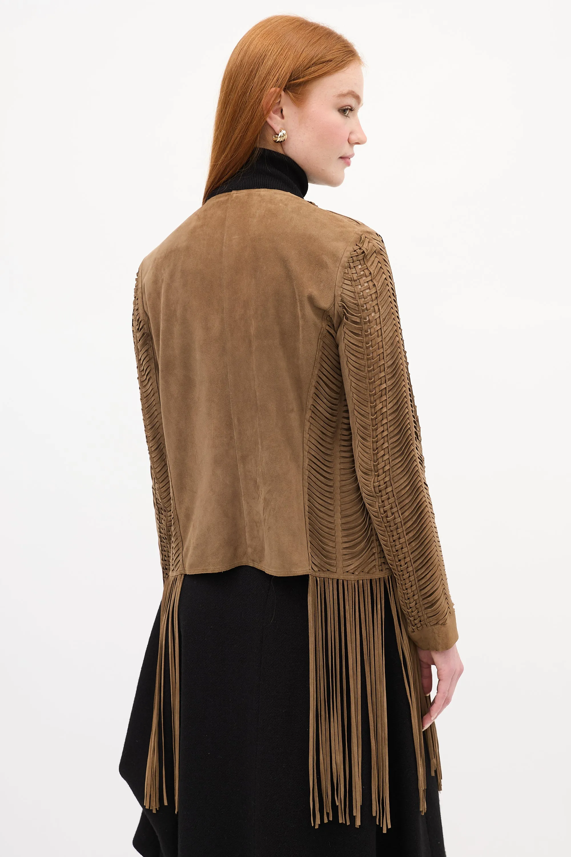 Brown Suede Woven Fringe Jacket
