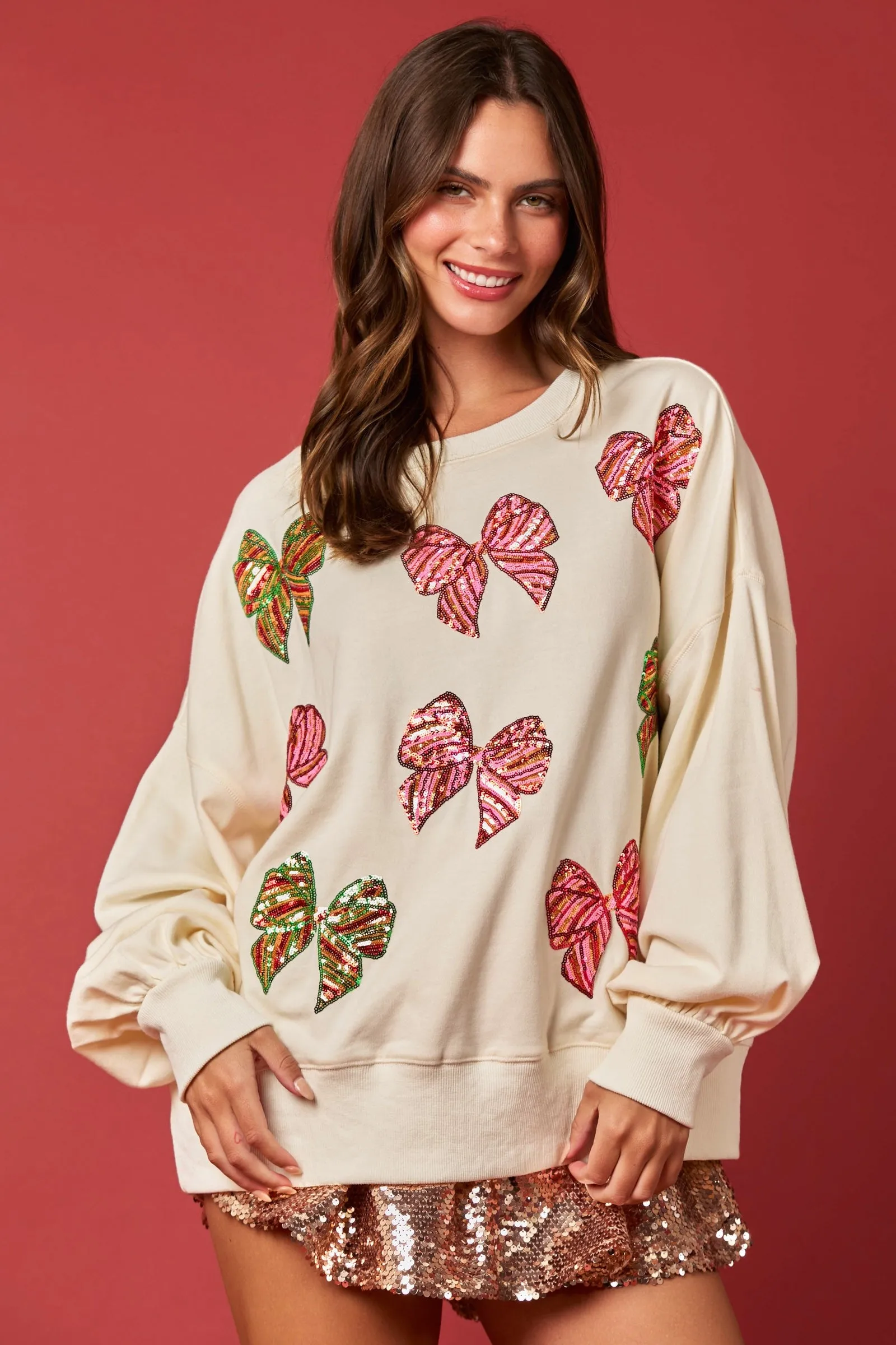 Christmas Sequin Bow Embroidered Oversize Sweatshirt *FINAL SALE*