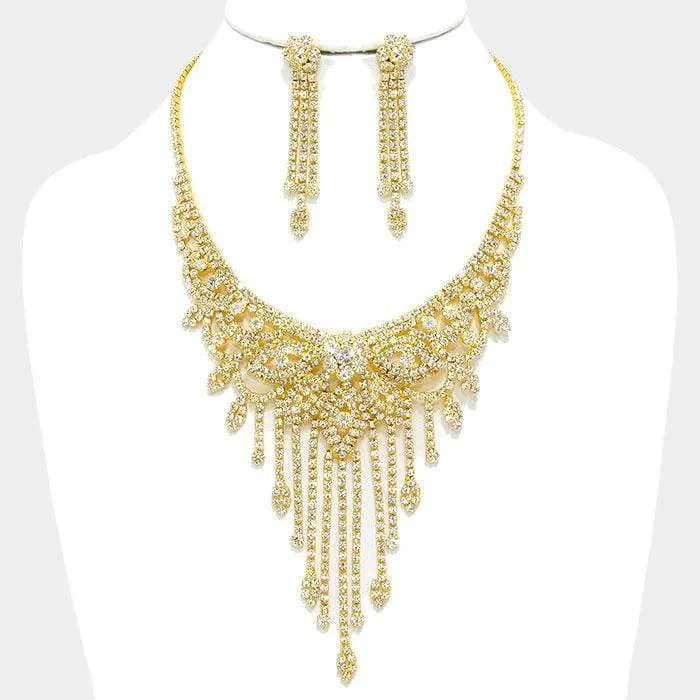 Crystal Rhinestone Clear/Gold Petal Fringe Bib Evening Necklace with Matching Earrings