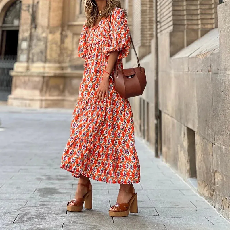 FashionSierra - 2024 Casual Summer Floral Printing V-Neck Boho Dress