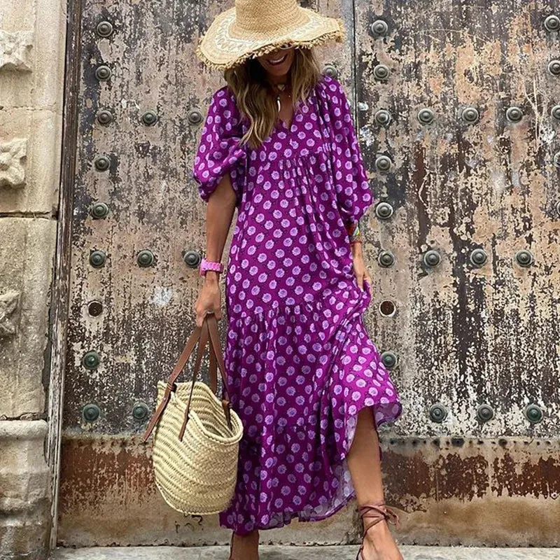 FashionSierra - 2024 Casual Summer Floral Printing V-Neck Boho Dress