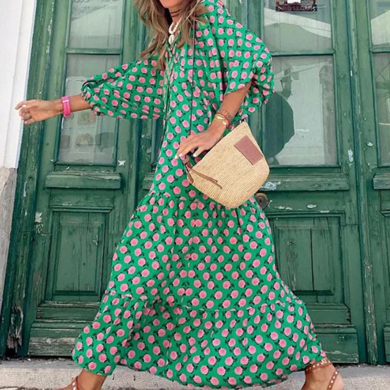 FashionSierra - 2024 Casual Summer Floral Printing V-Neck Boho Dress