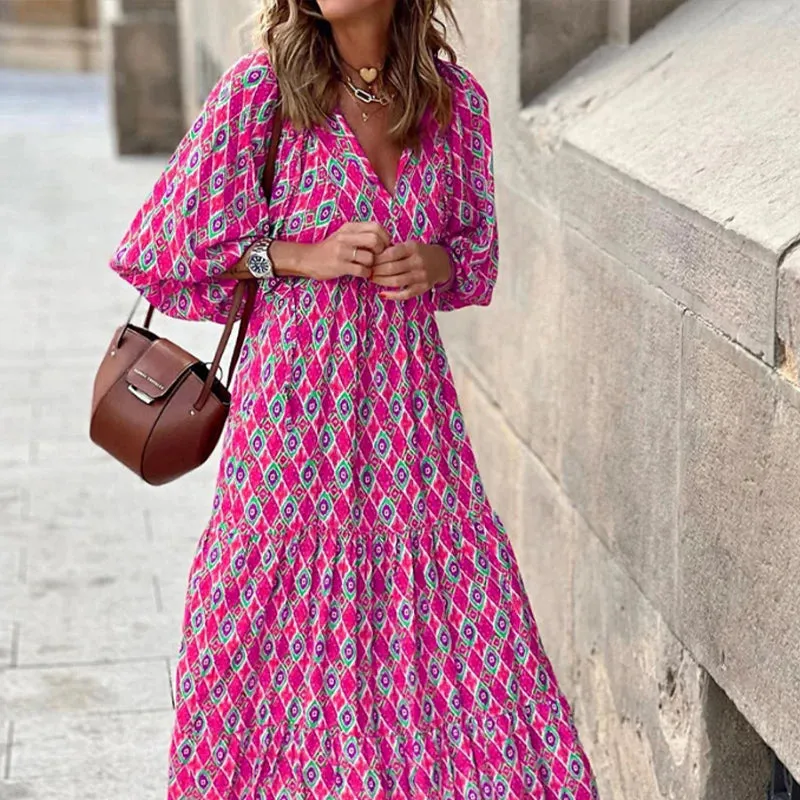 FashionSierra - 2024 Casual Summer Floral Printing V-Neck Boho Dress