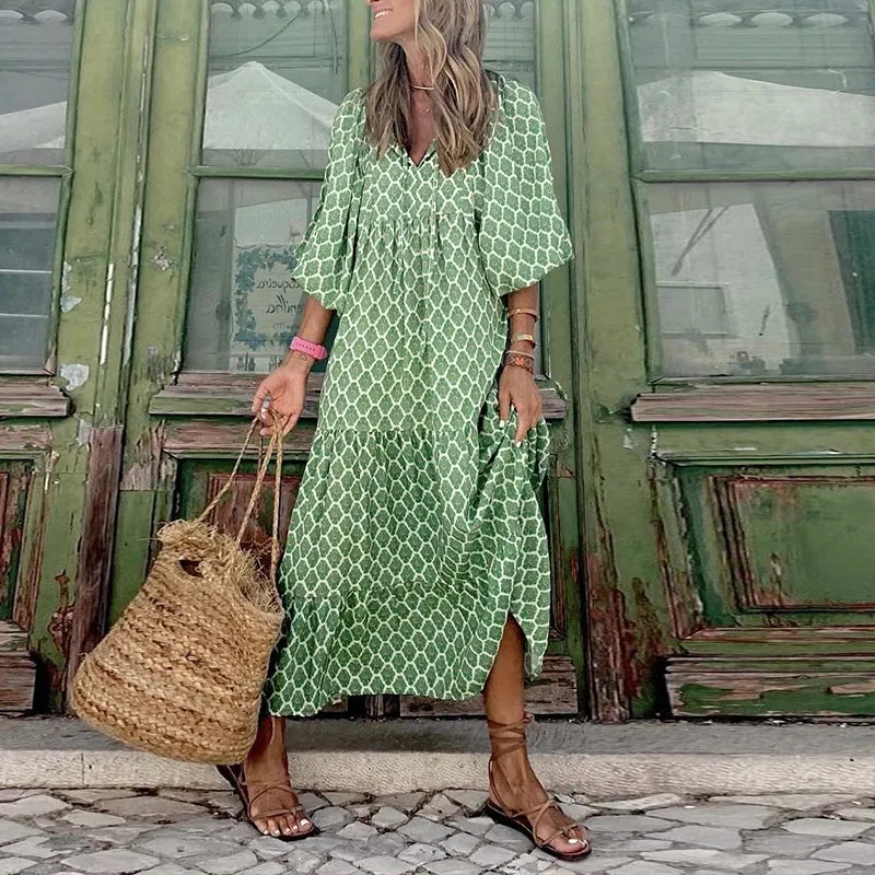 FashionSierra - 2024 Casual Summer Floral Printing V-Neck Boho Dress