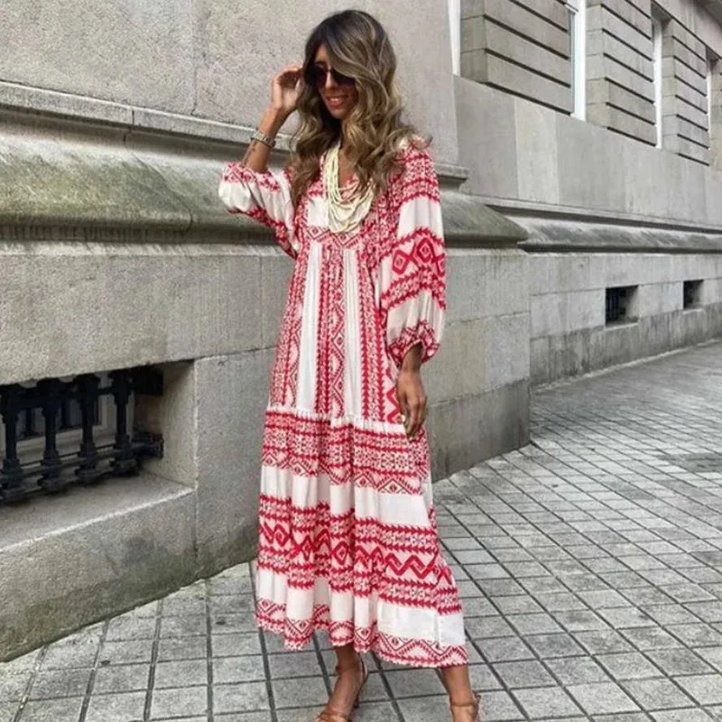 FashionSierra - 2024 Casual Summer Floral Printing V-Neck Boho Dress