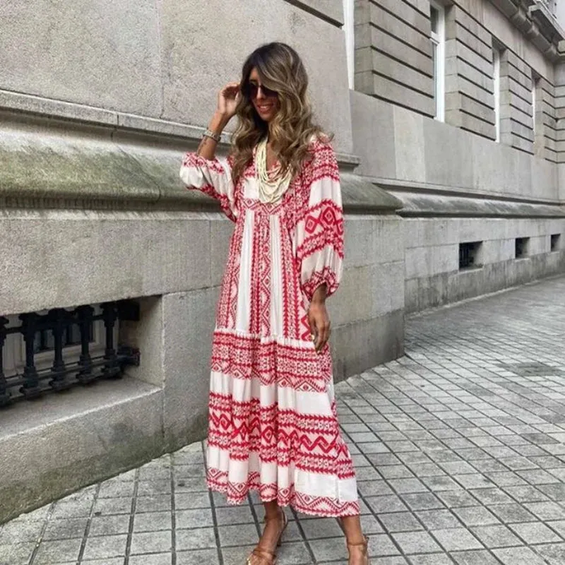 FashionSierra - 2024 Casual Summer Floral Printing V-Neck Boho Dress