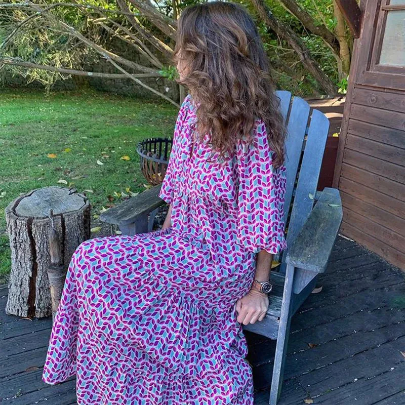 FashionSierra - 2024 Casual Summer Floral Printing V-Neck Boho Dress