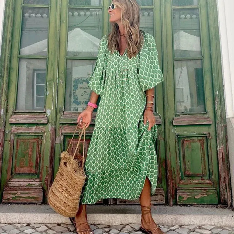 FashionSierra - 2024 Casual Summer Floral Printing V-Neck Boho Dress