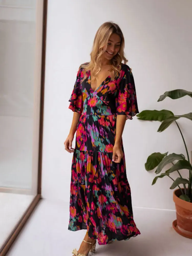 FashionSierra - 2024 Floral V-neck Self Belted Cotton Summer Boho Dress