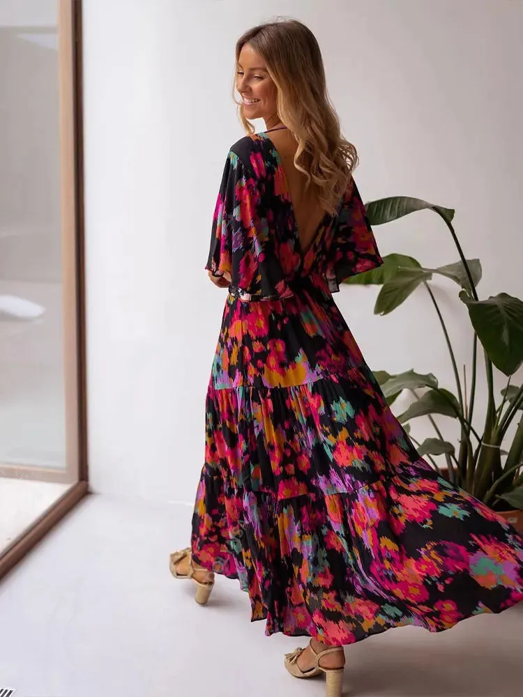 FashionSierra - 2024 Floral V-neck Self Belted Cotton Summer Boho Dress