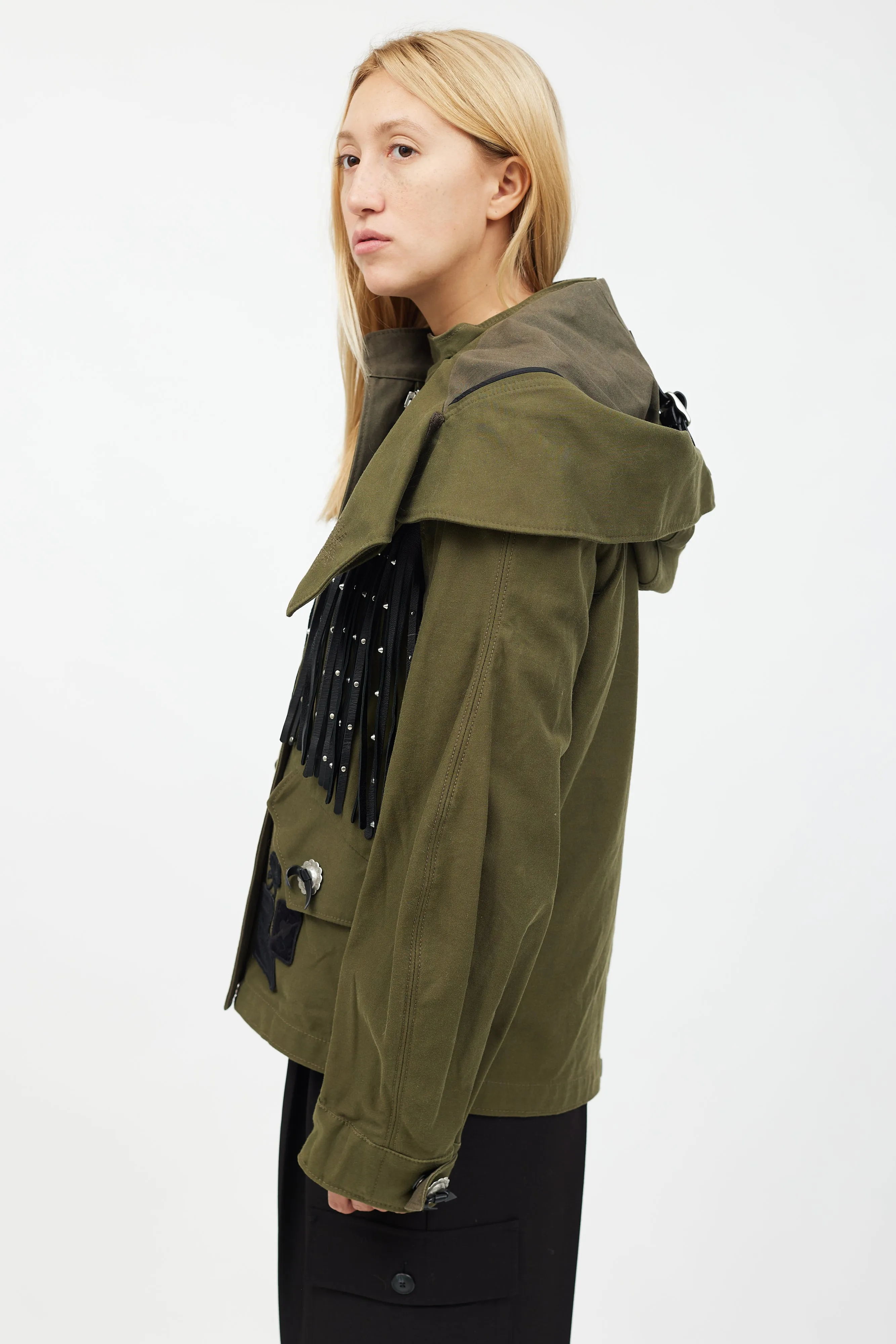 Green & Black Leather Fringe Jacket
