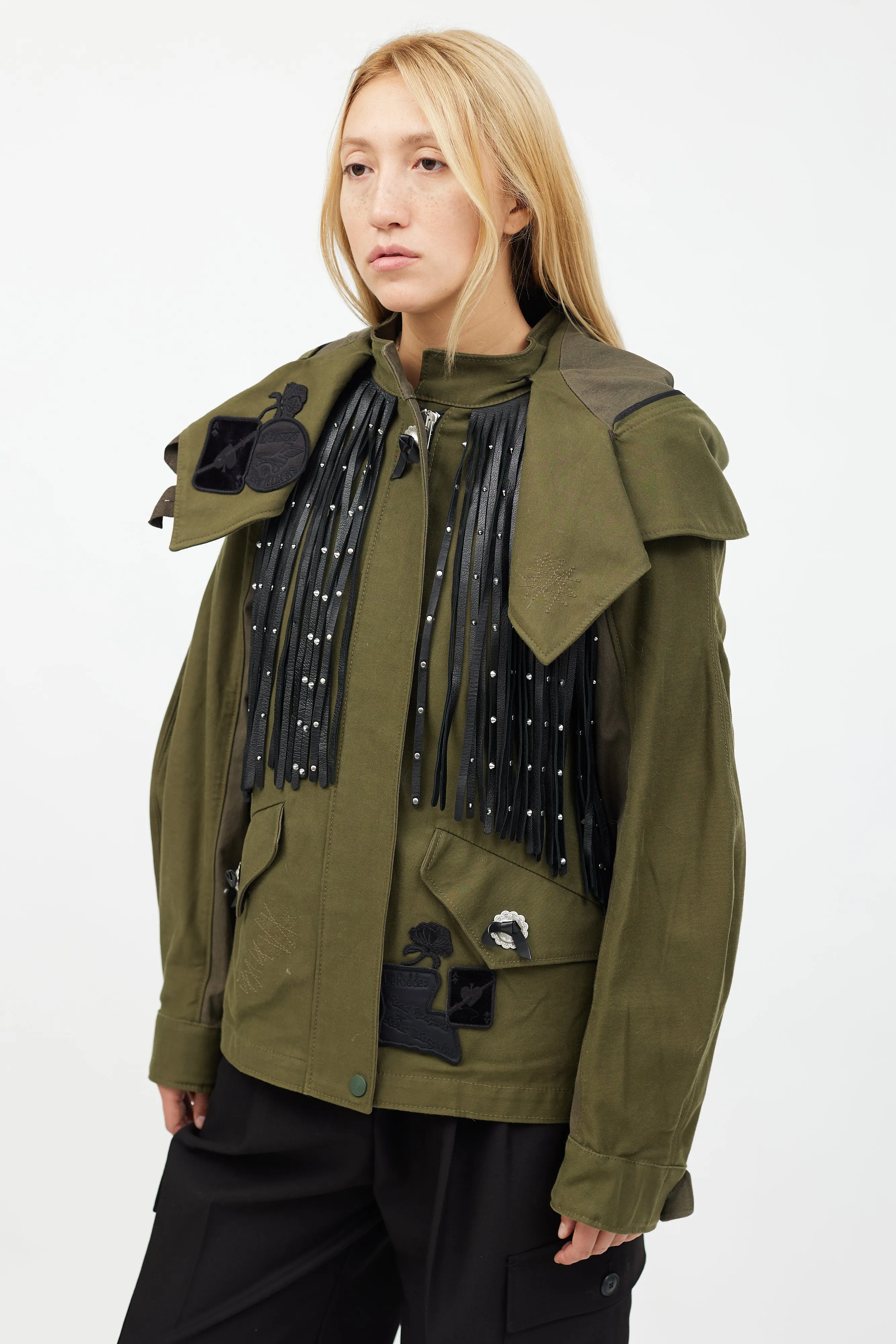 Green & Black Leather Fringe Jacket