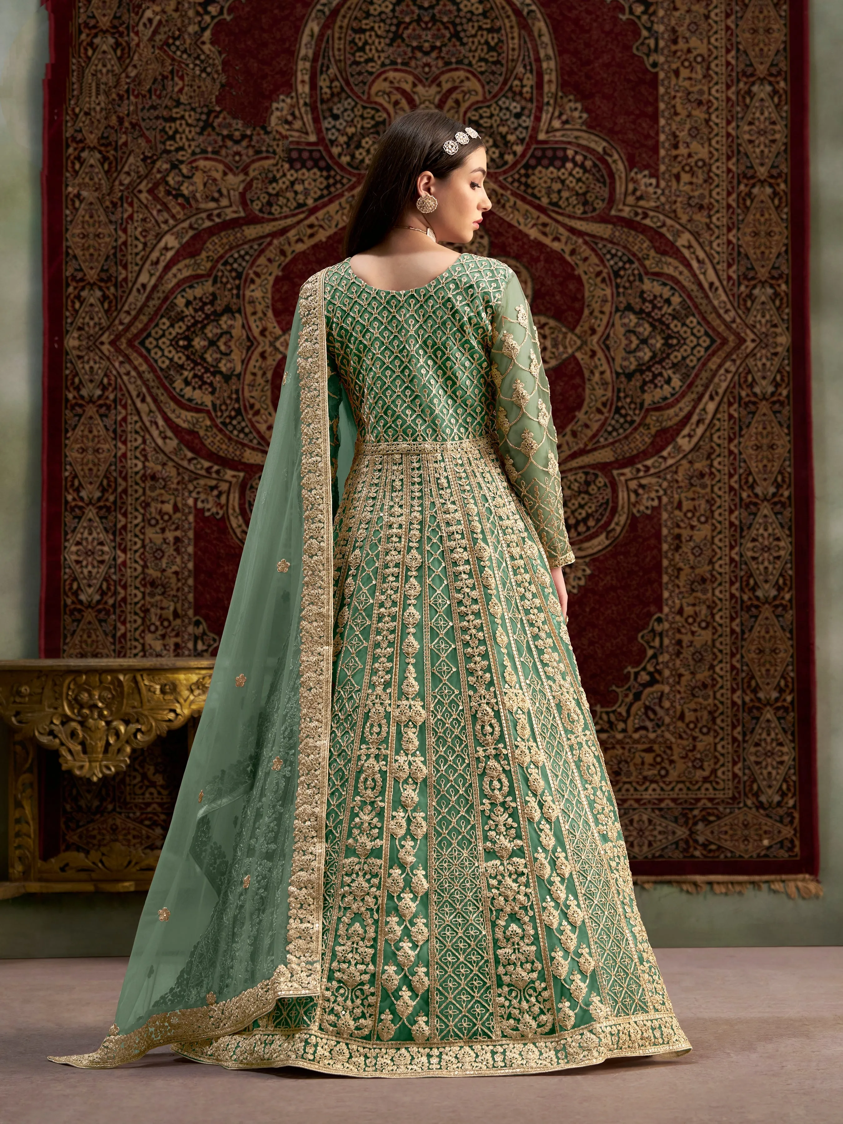 Green Colour Pure Soft Net Long Floor Length Embroidered Work Readymade Gown