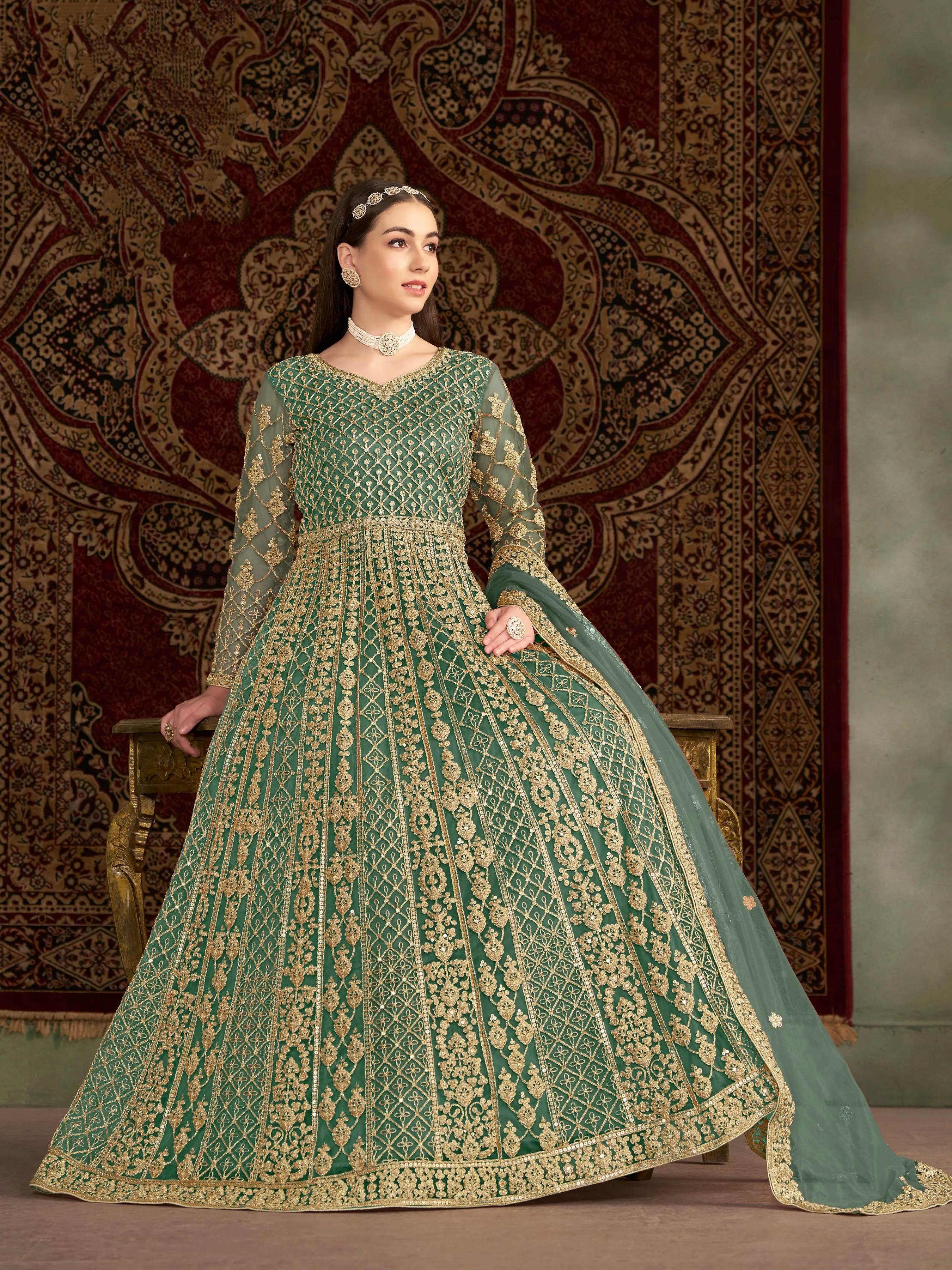 Green Colour Pure Soft Net Long Floor Length Embroidered Work Readymade Gown