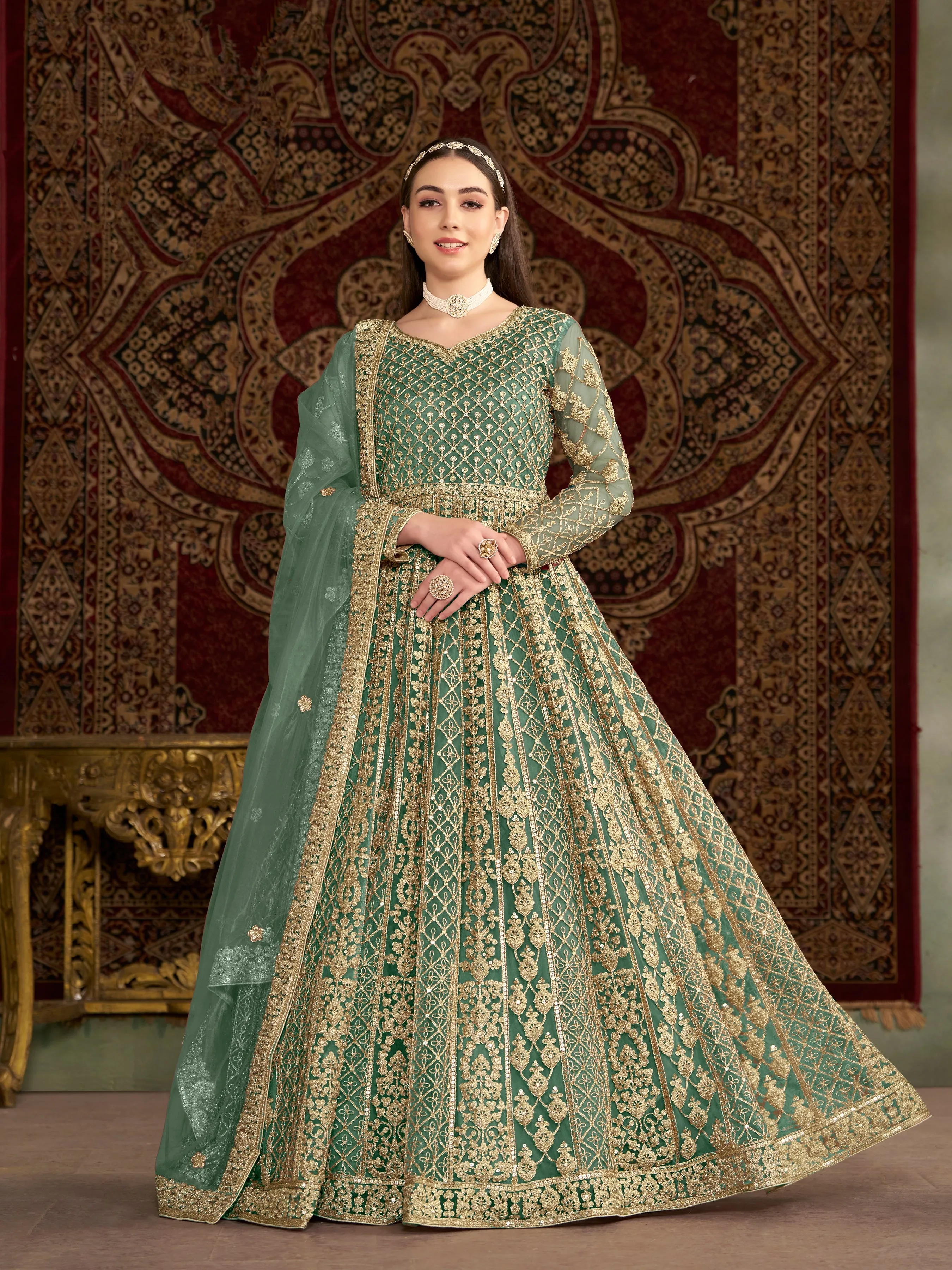 Green Colour Pure Soft Net Long Floor Length Embroidered Work Readymade Gown