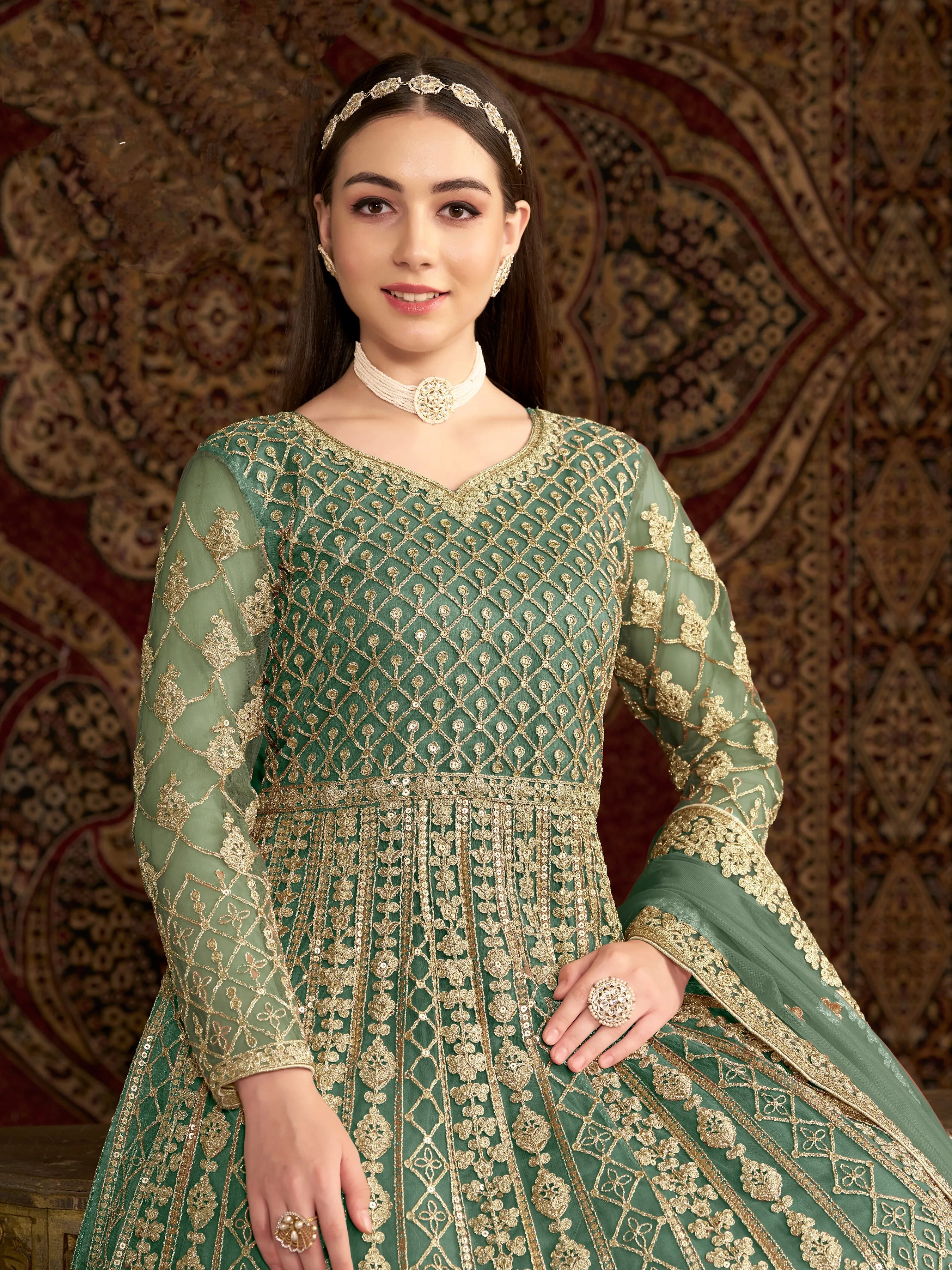 Green Colour Pure Soft Net Long Floor Length Embroidered Work Readymade Gown