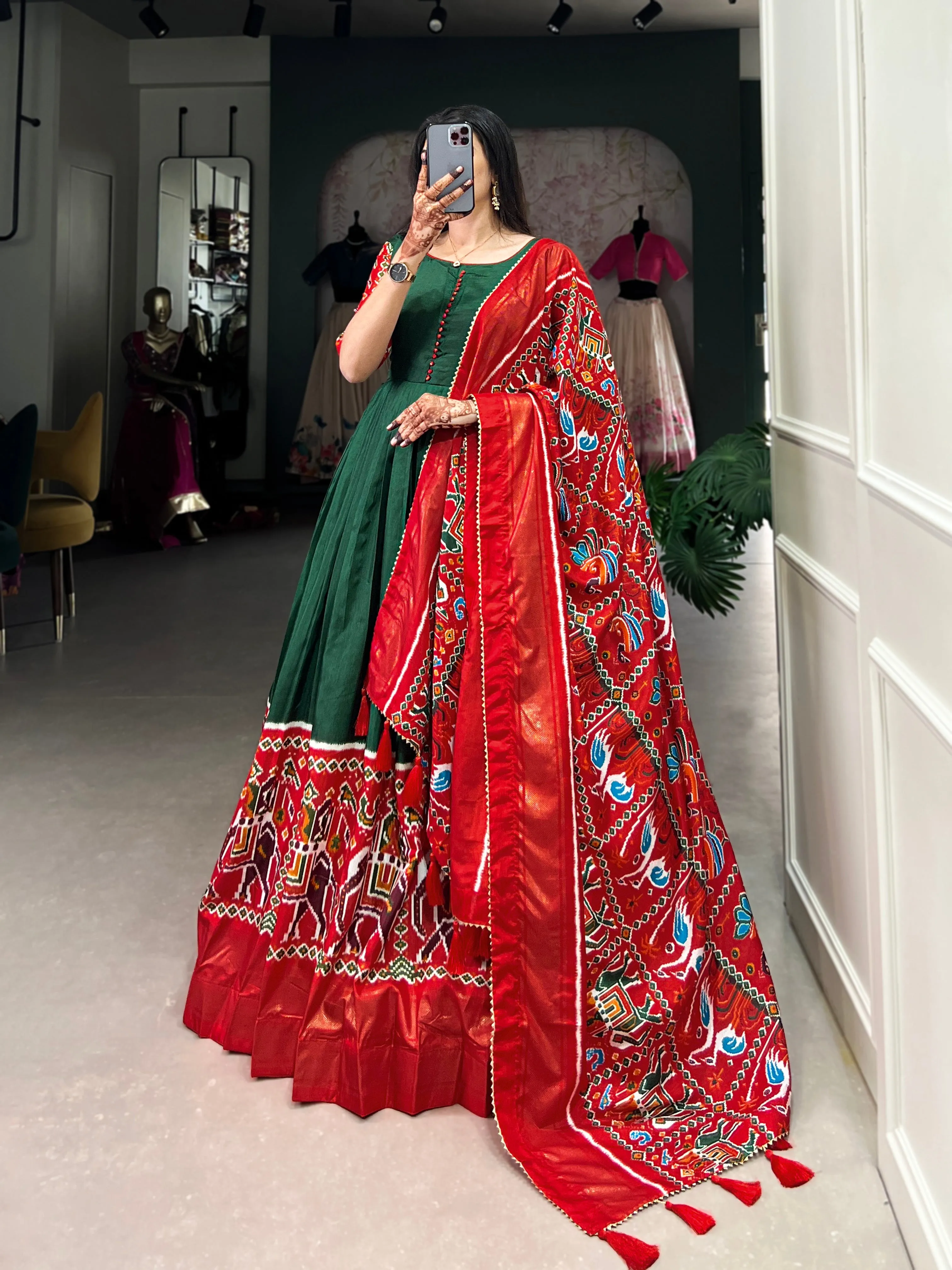 Green Pure Dola Silk Long Floor Length Patola And Foil Print Readymade Gown