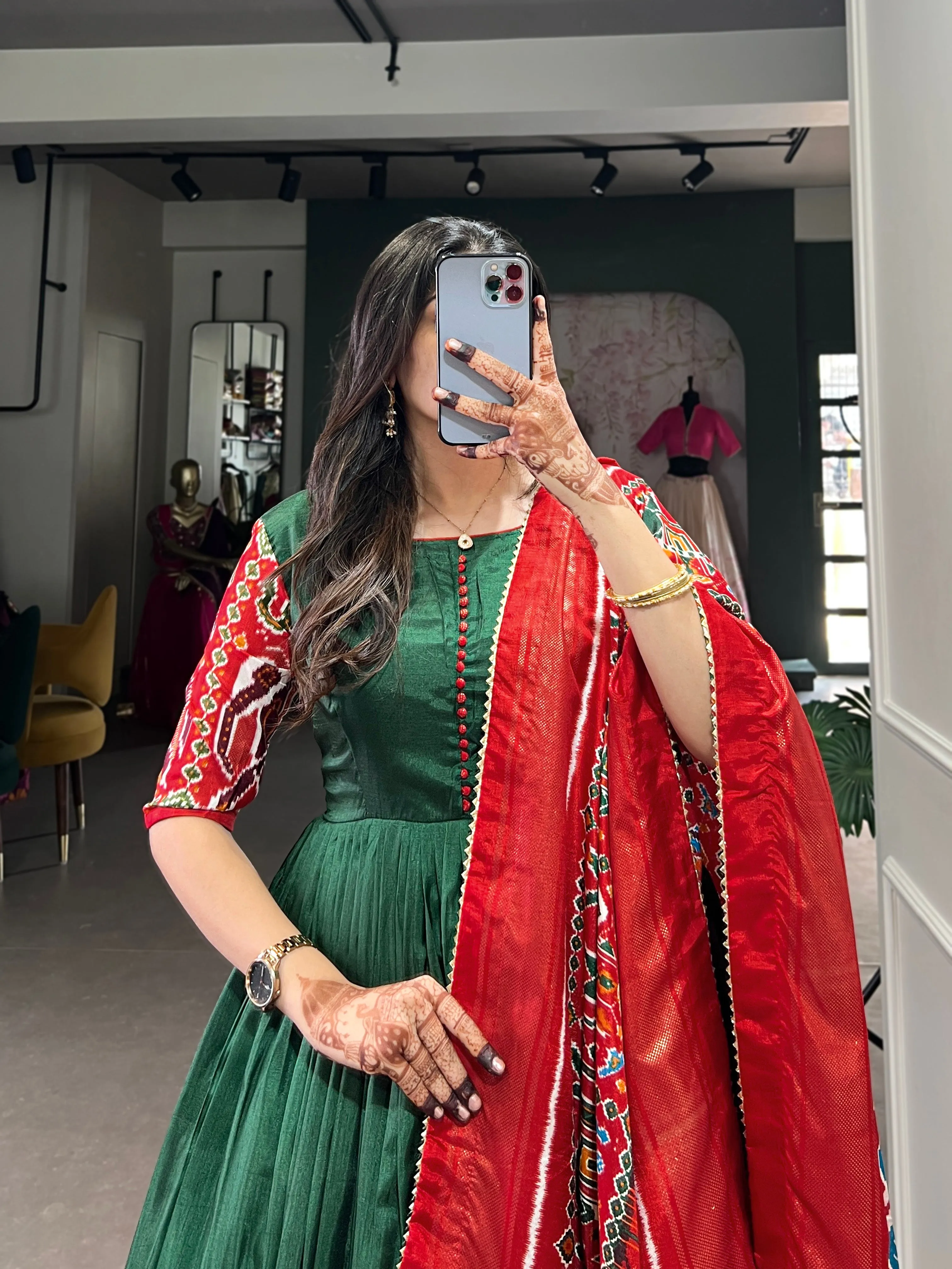 Green Pure Dola Silk Long Floor Length Patola And Foil Print Readymade Gown