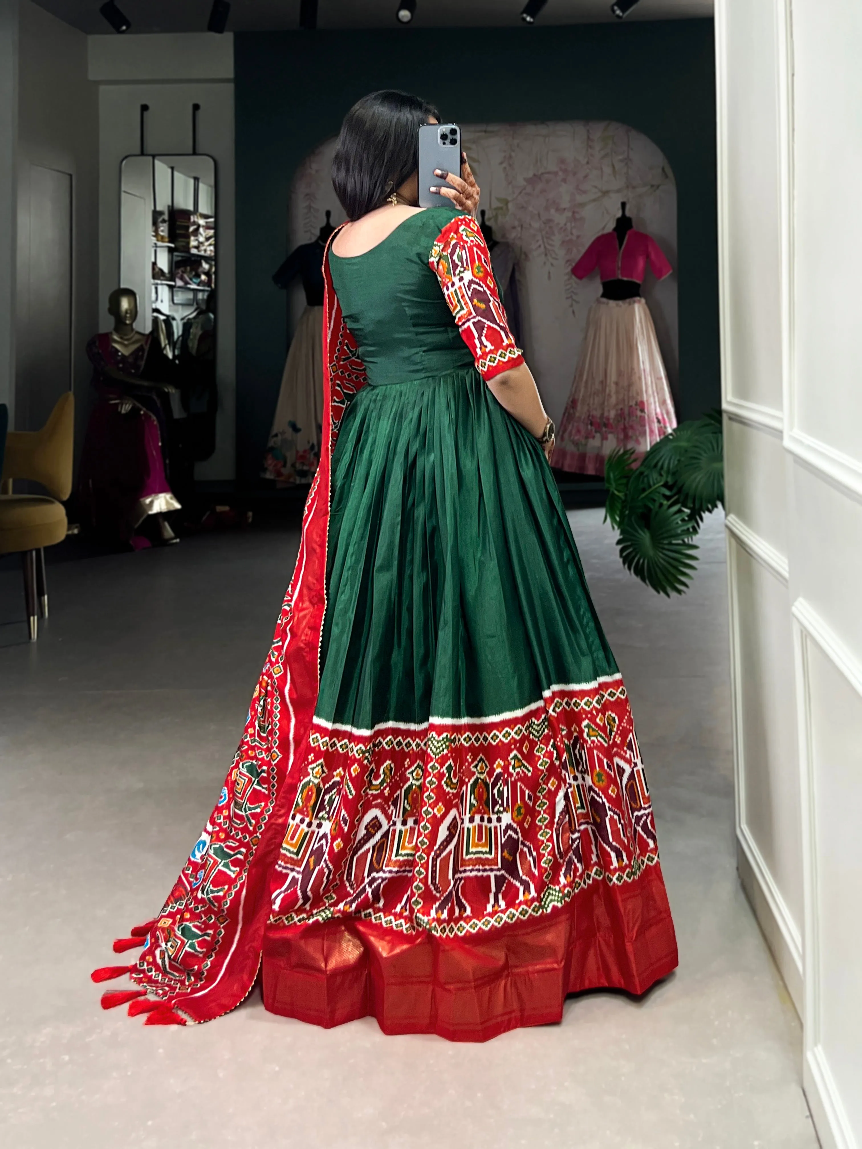 Green Pure Dola Silk Long Floor Length Patola And Foil Print Readymade Gown
