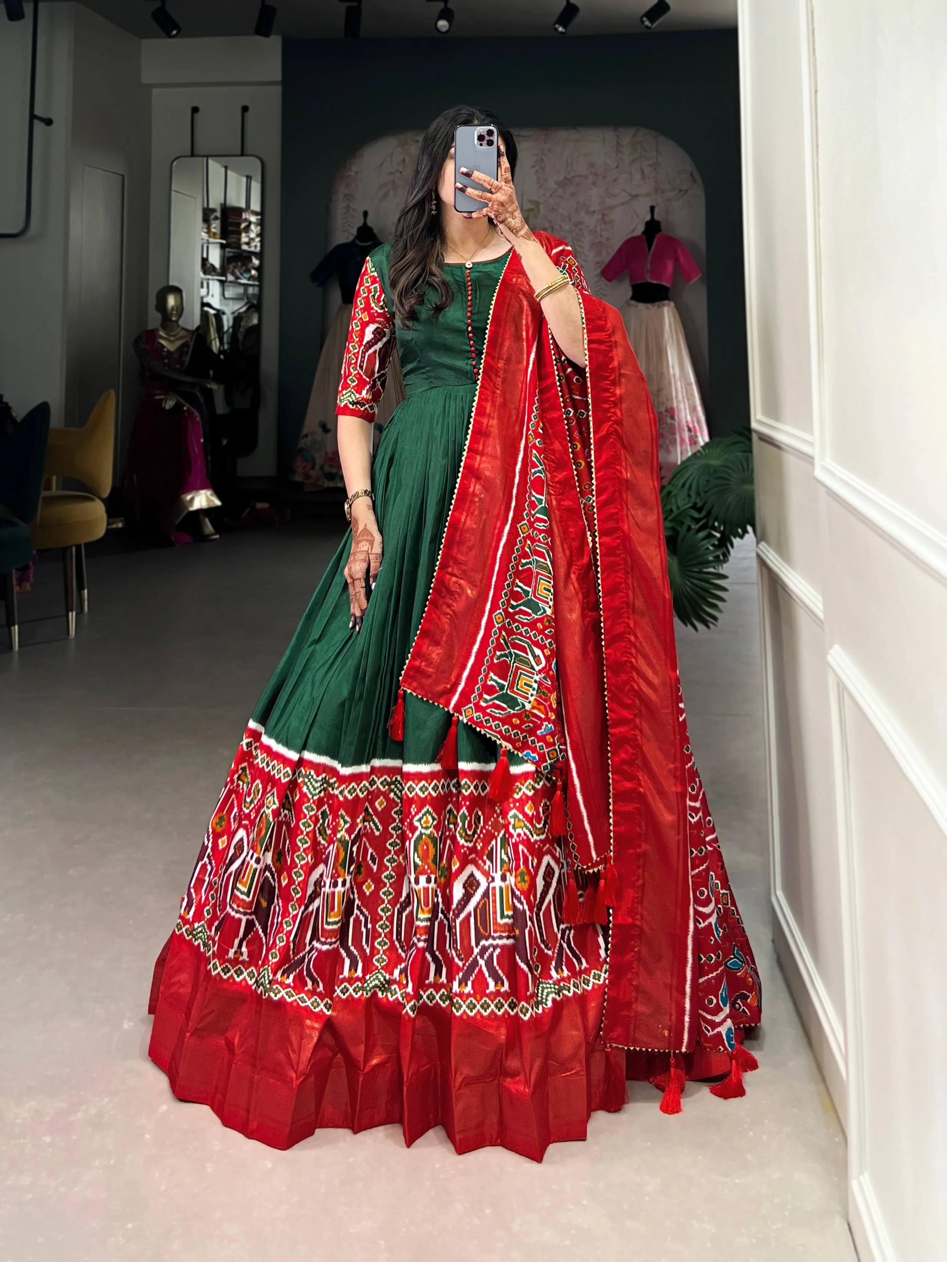 Green Pure Dola Silk Long Floor Length Patola And Foil Print Readymade Gown
