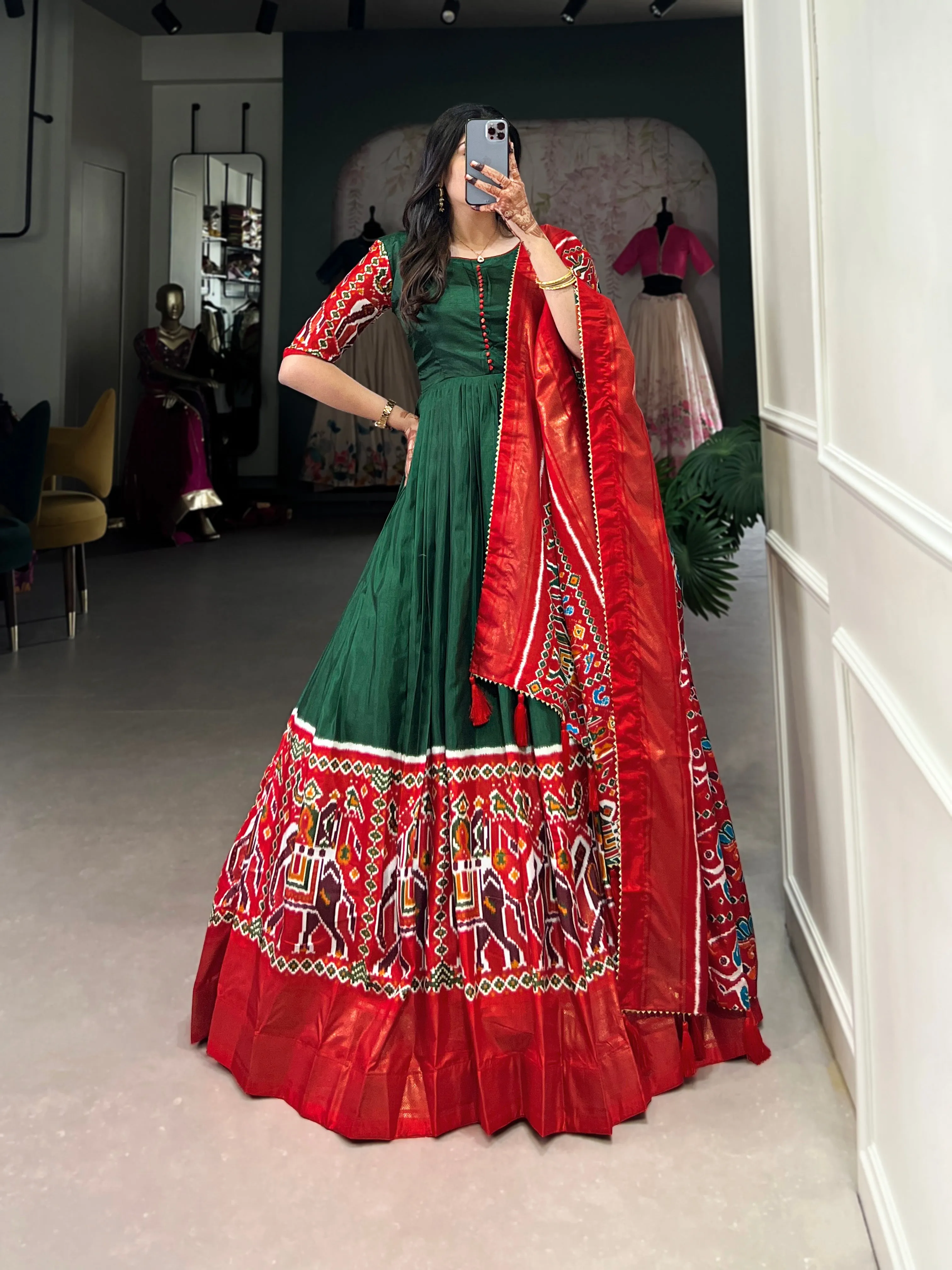 Green Pure Dola Silk Long Floor Length Patola And Foil Print Readymade Gown