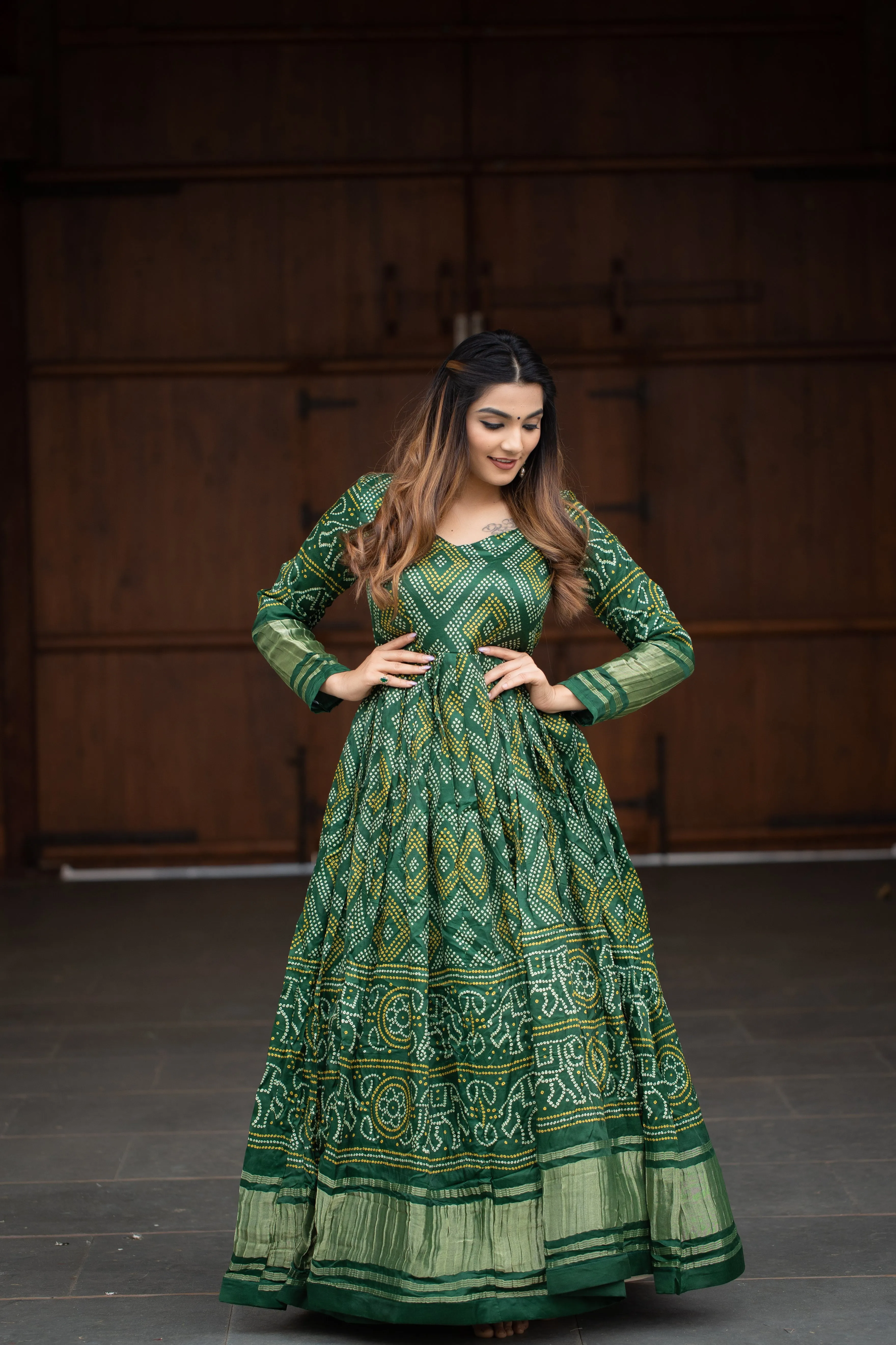 Green Pure Gajji Silk Long Floor Length Bandhej Print Readymade Gown