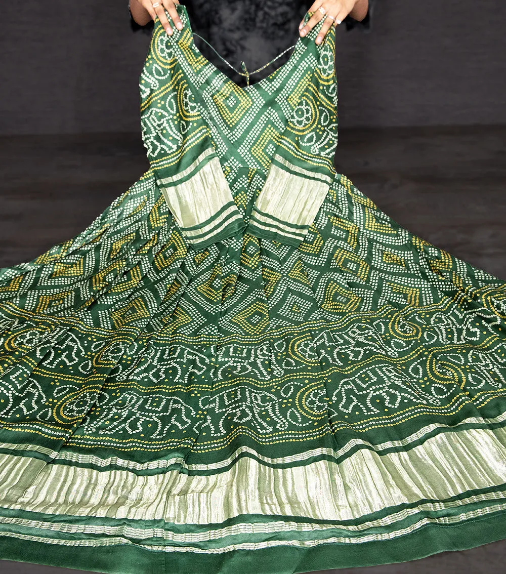 Green Pure Gajji Silk Long Floor Length Bandhej Print Readymade Gown