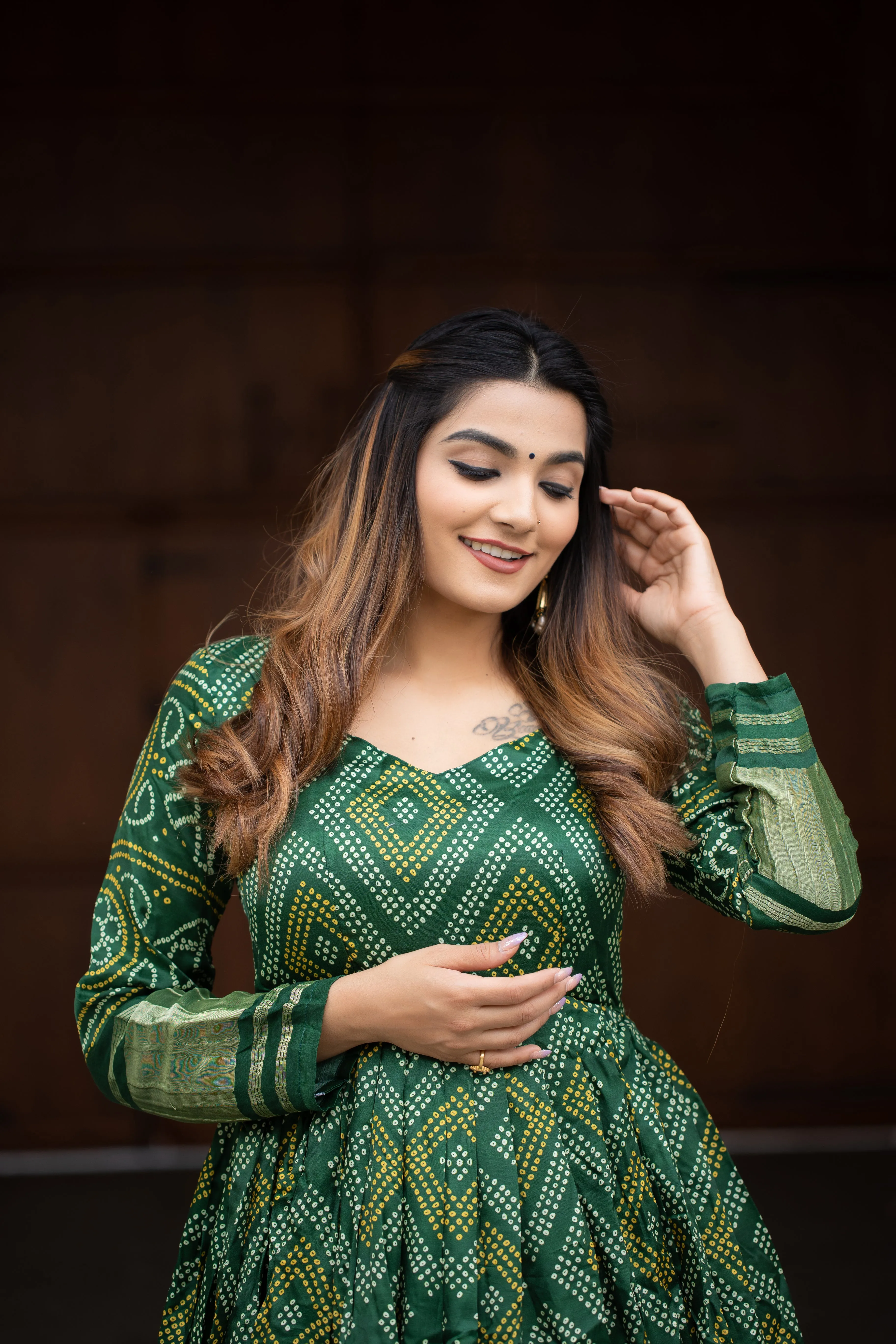 Green Pure Gajji Silk Long Floor Length Bandhej Print Readymade Gown