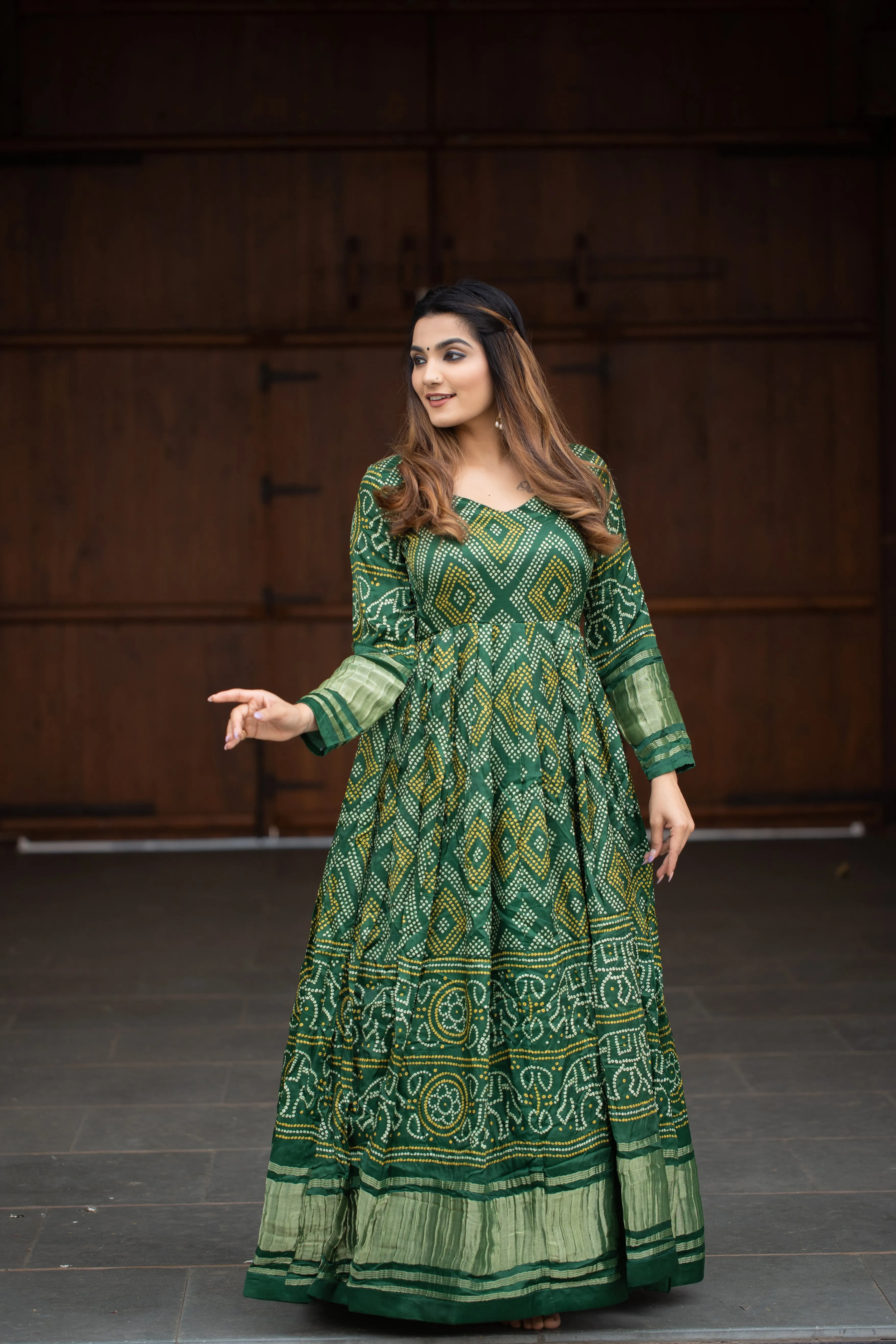 Green Pure Gajji Silk Long Floor Length Bandhej Print Readymade Gown