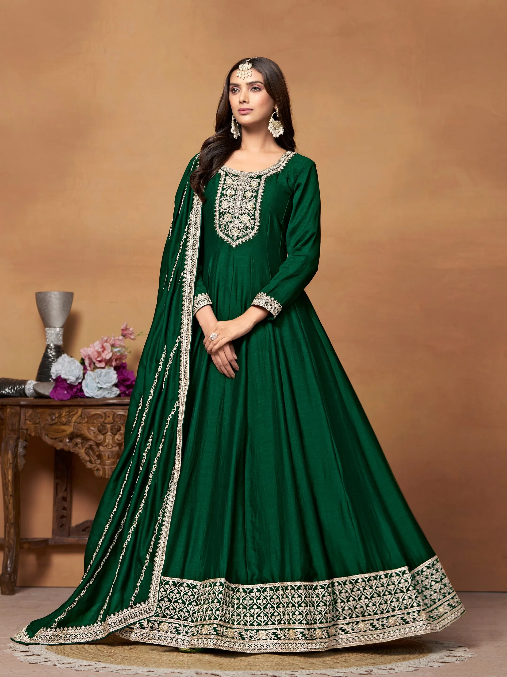 Green Pure Soft Art Silk Long Floor Length Embroidered Work Readymade Gown