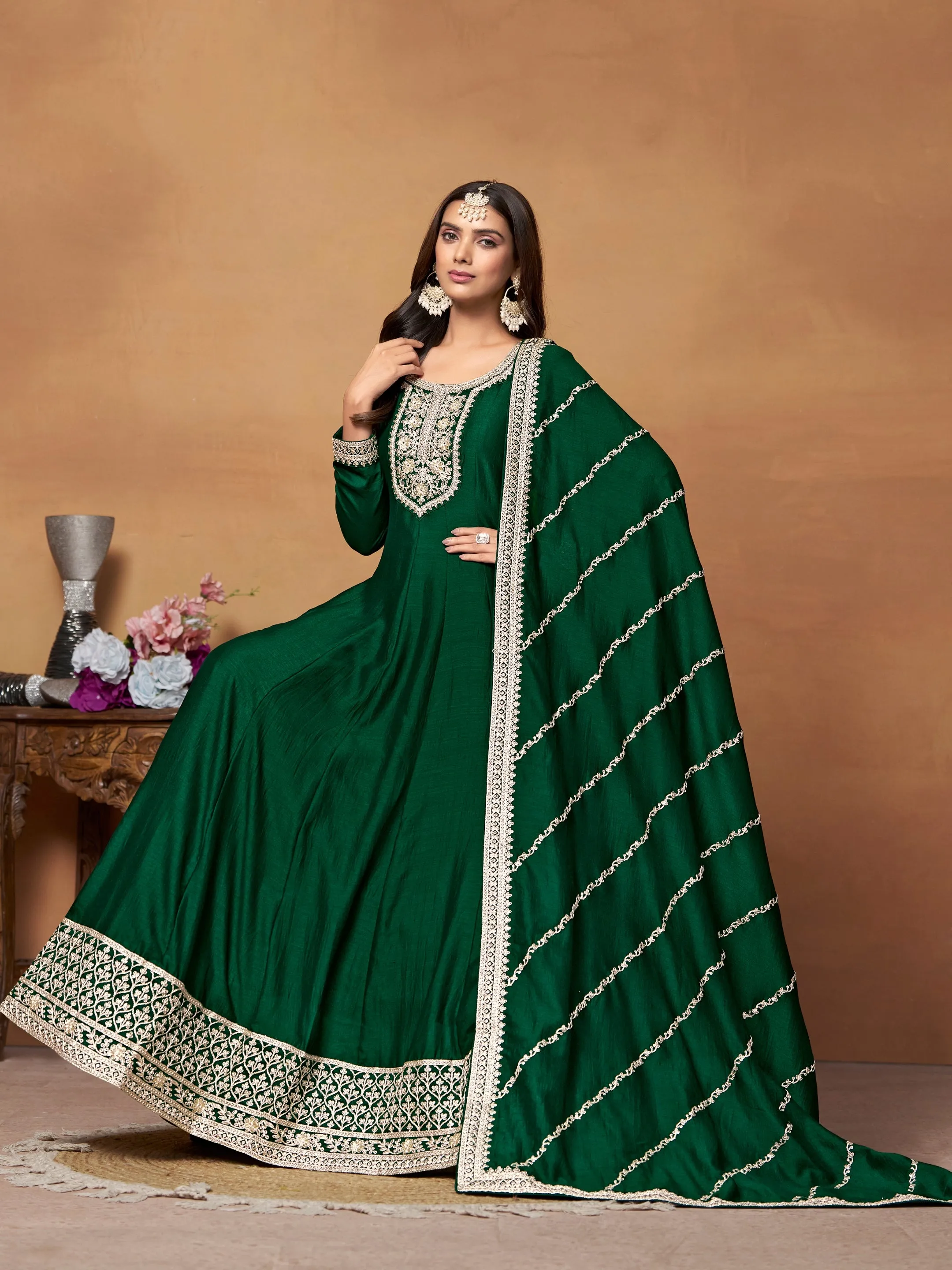Green Pure Soft Art Silk Long Floor Length Embroidered Work Readymade Gown