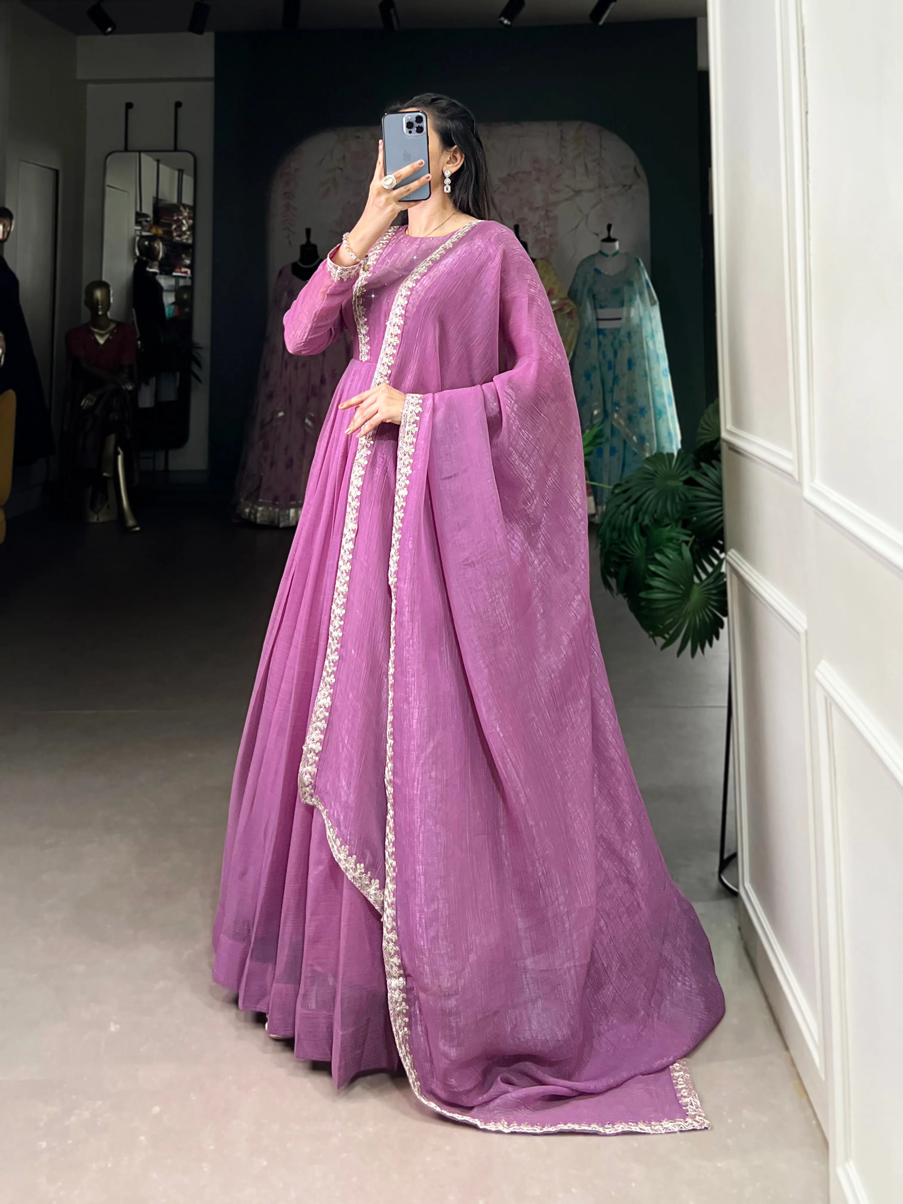 Lavender Pure Silver Glory Long Hotfix With Sequins Readymade Gown