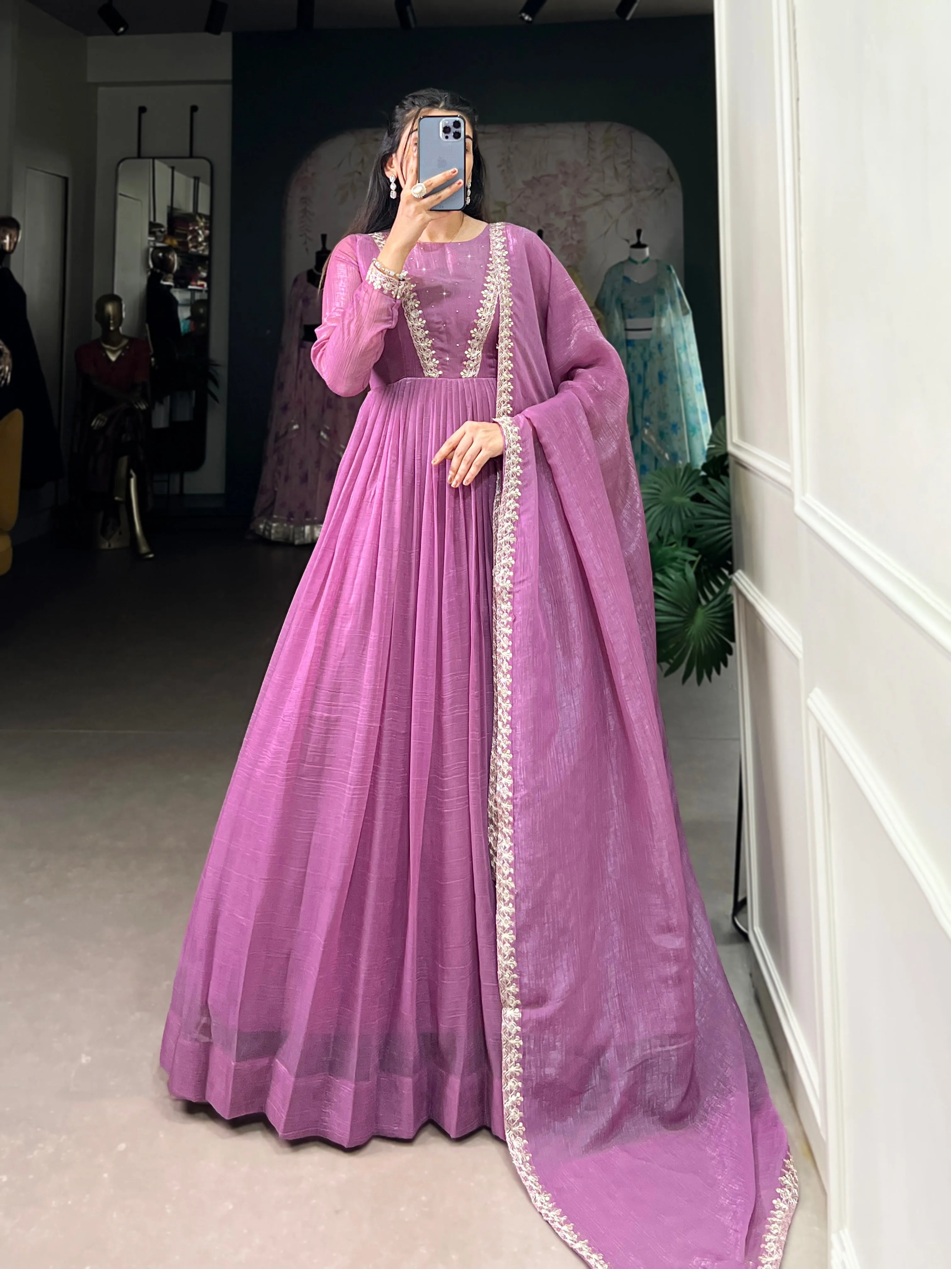 Lavender Pure Silver Glory Long Hotfix With Sequins Readymade Gown