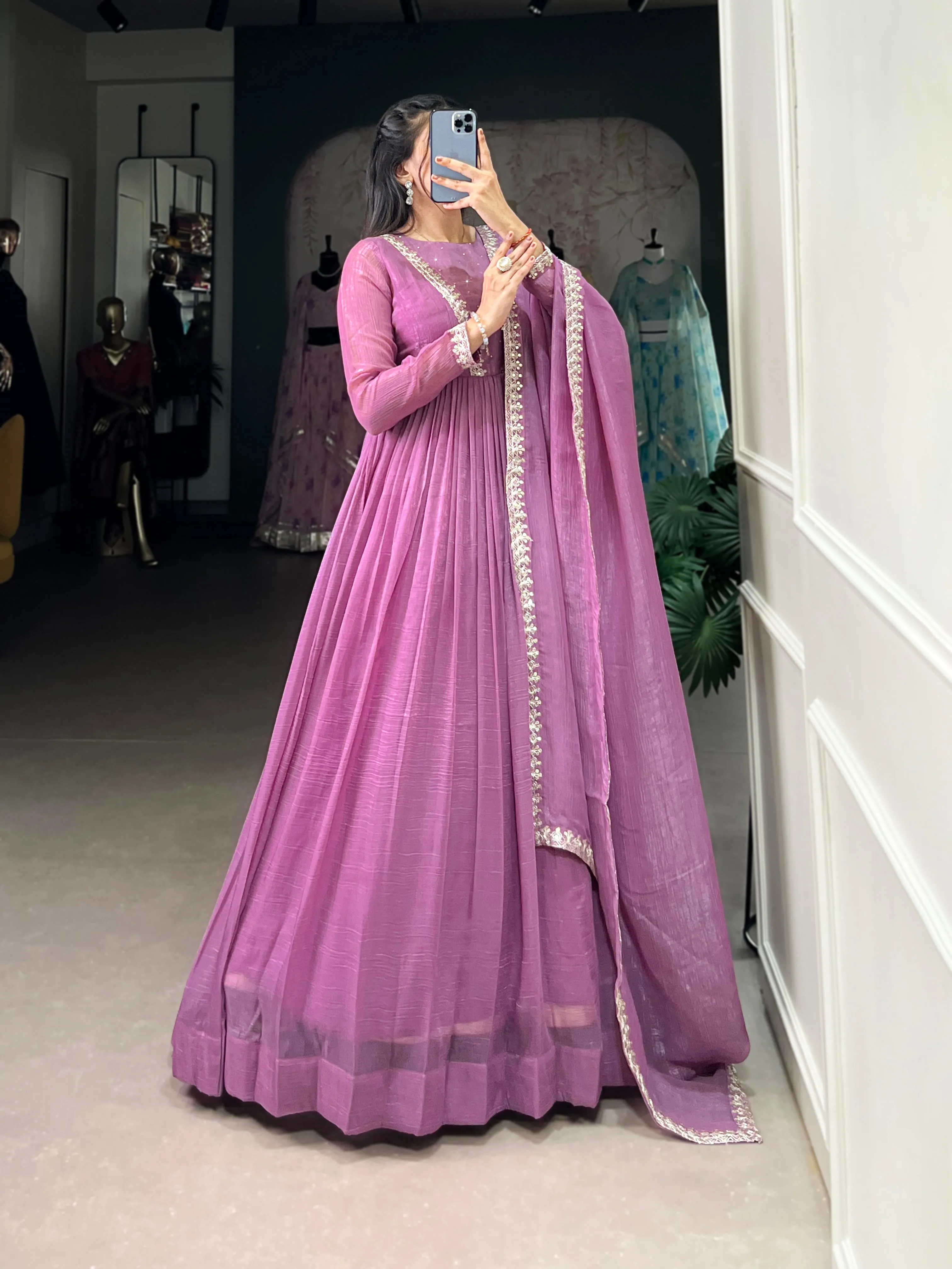 Lavender Pure Silver Glory Long Hotfix With Sequins Readymade Gown