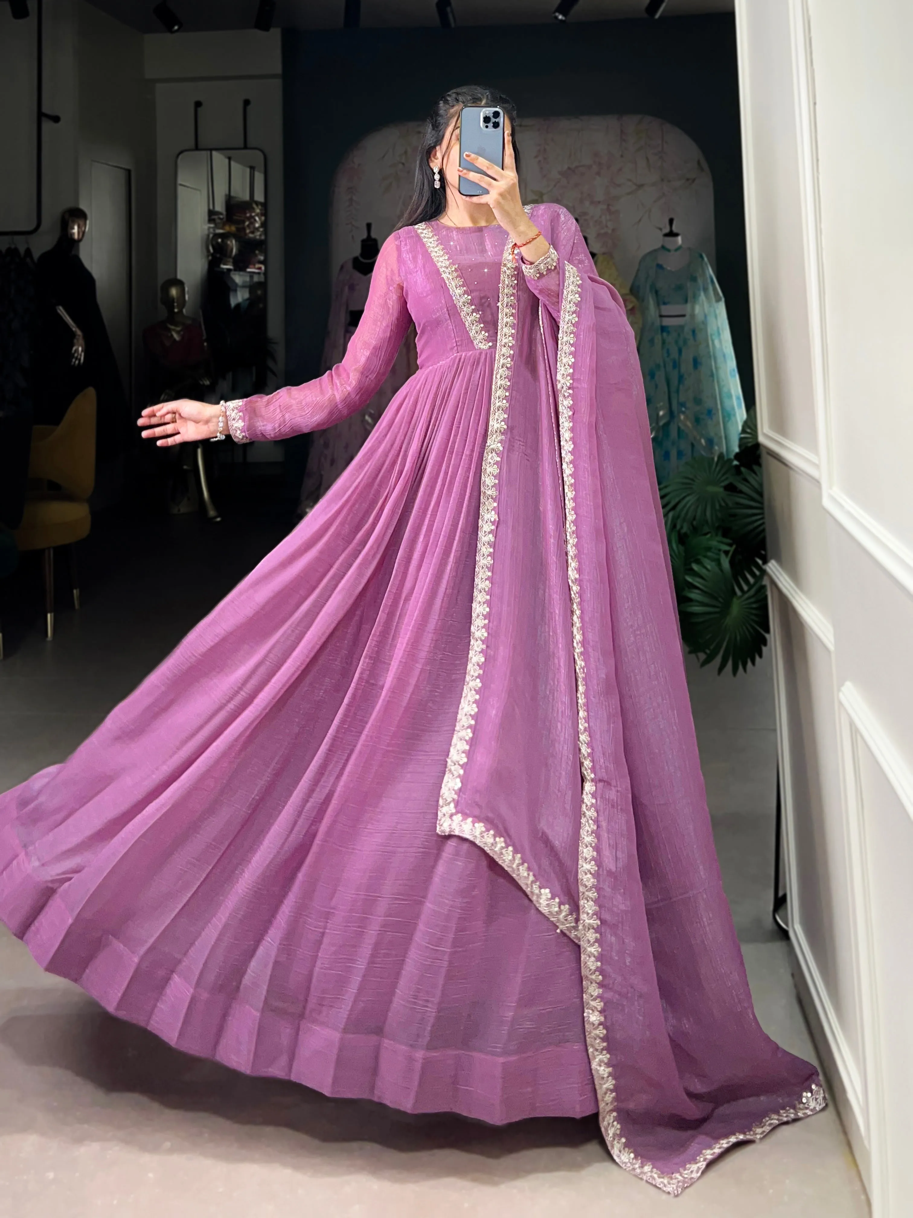 Lavender Pure Silver Glory Long Hotfix With Sequins Readymade Gown