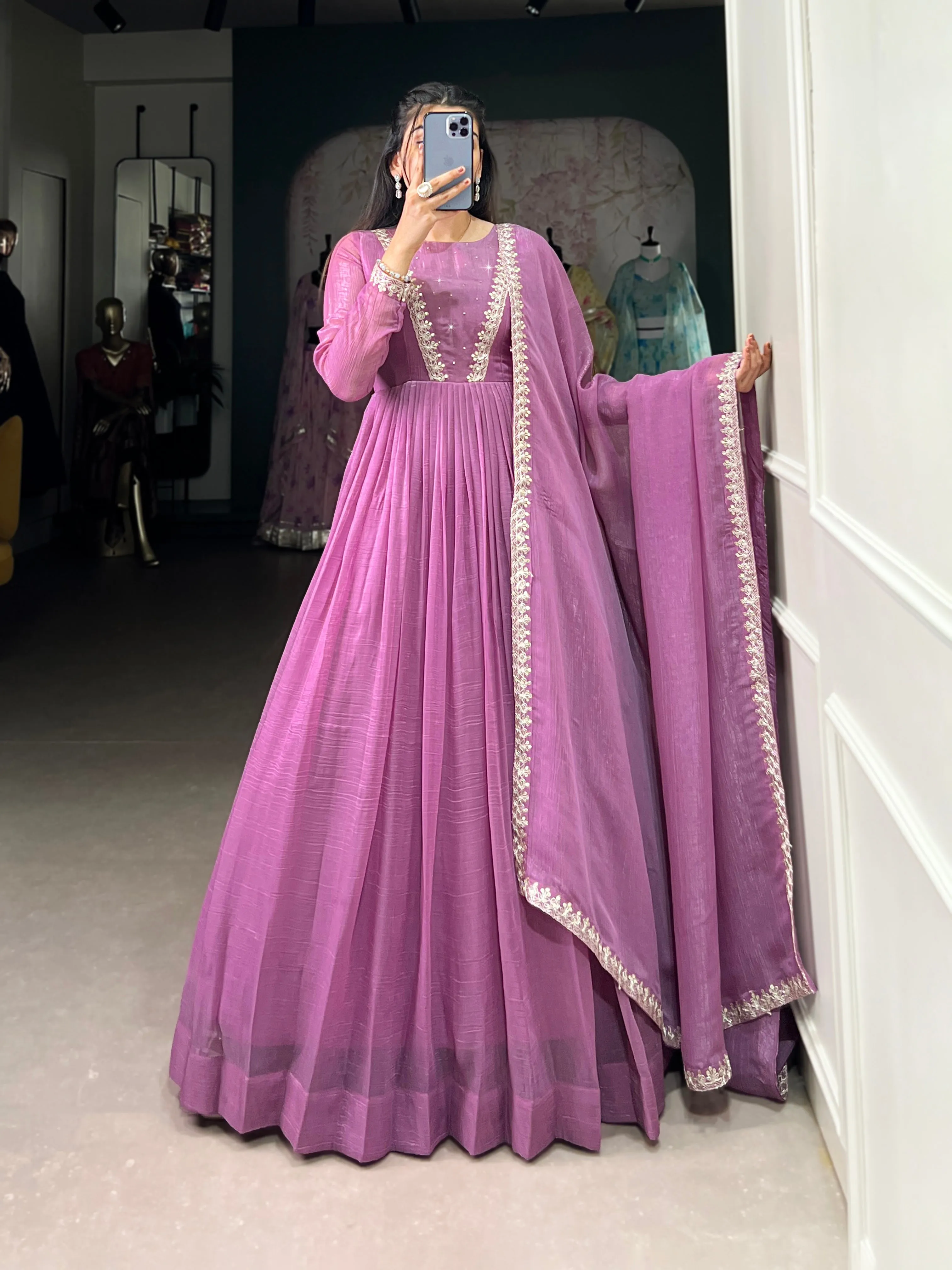 Lavender Pure Silver Glory Long Hotfix With Sequins Readymade Gown