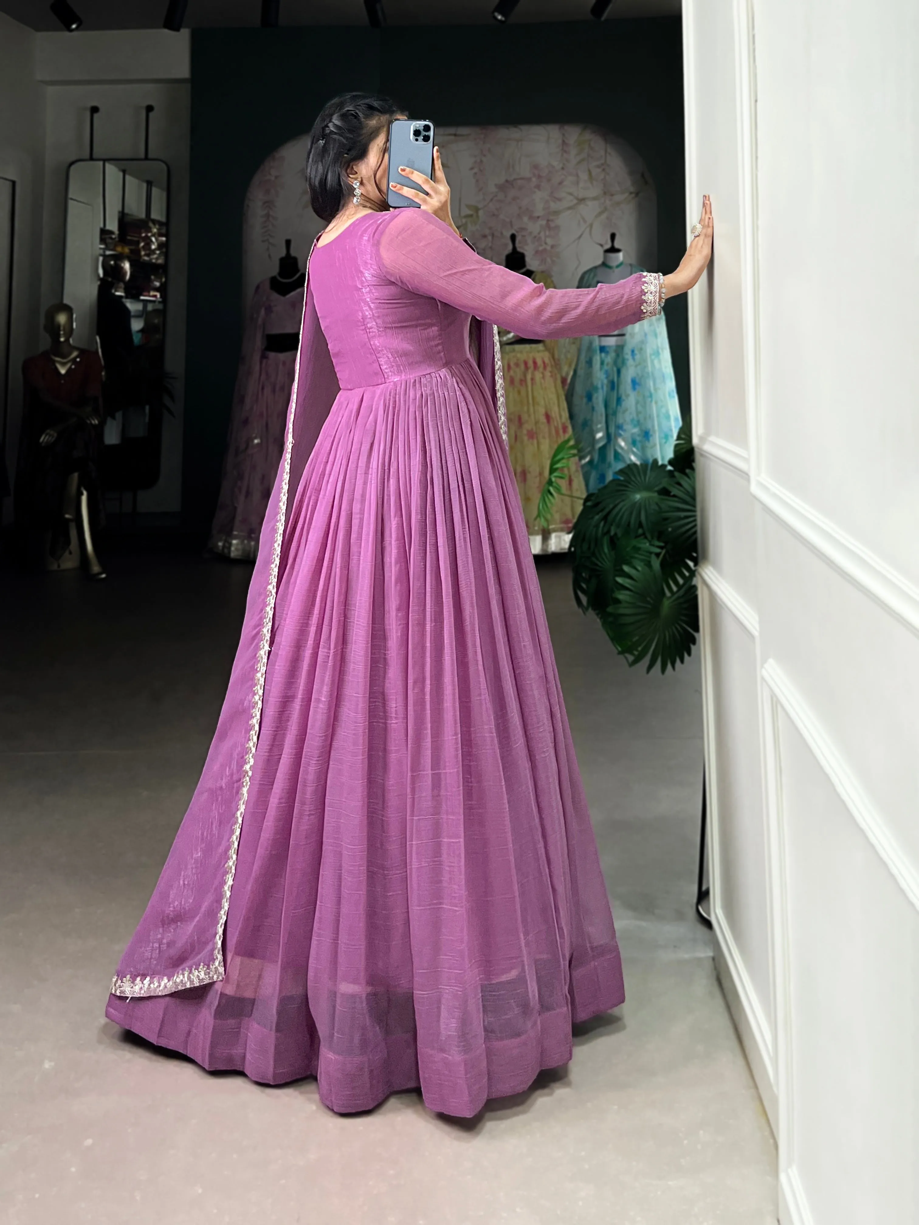 Lavender Pure Silver Glory Long Hotfix With Sequins Readymade Gown
