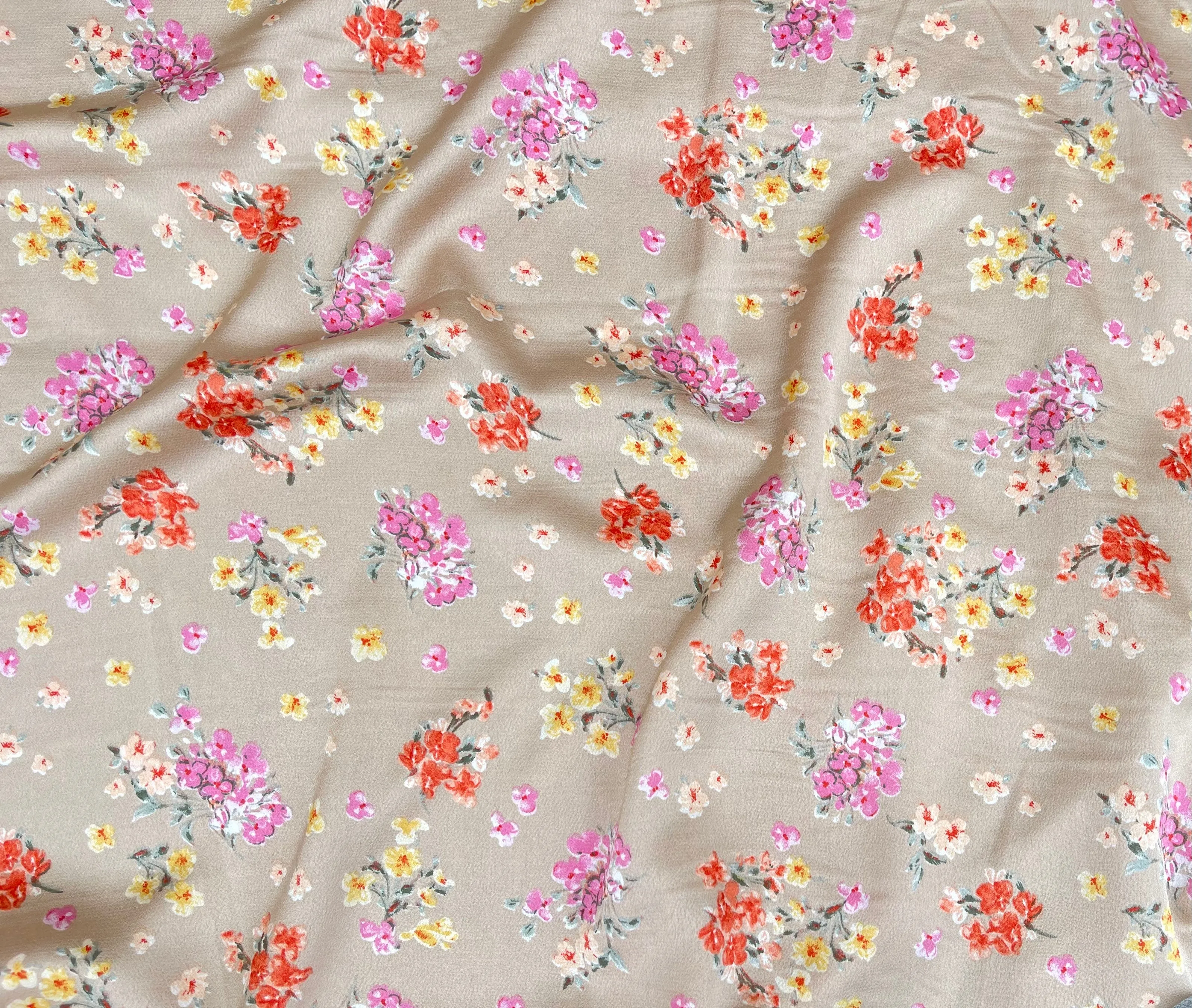 Lightweight  satin  dobby fabric by the yard - Pink orange flowers on bronze background  floral  pattern