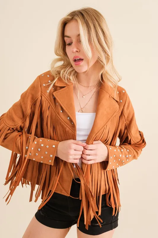 Studded Fringe Open Western Jacket - FASHIONGO
